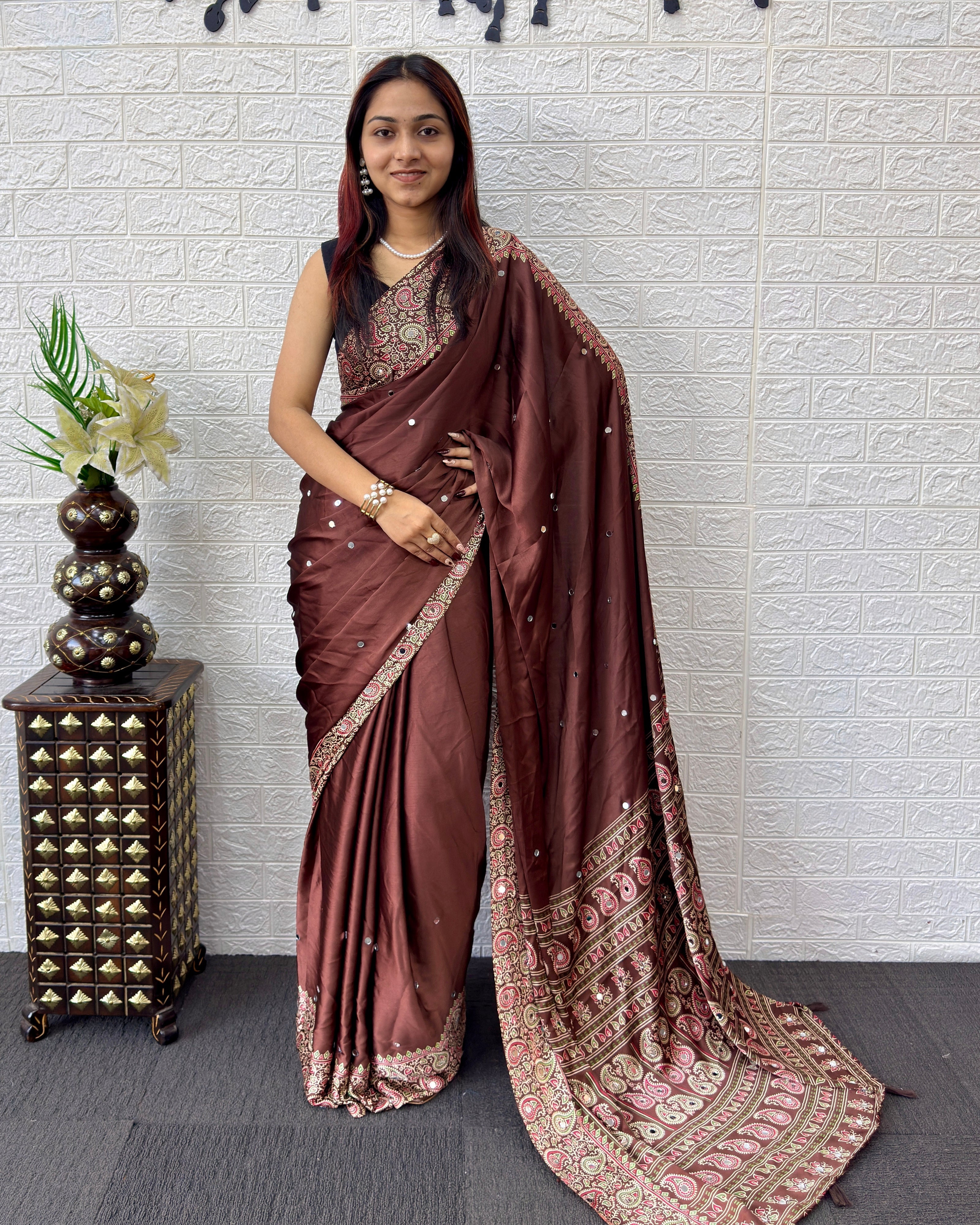 Chocolate Brown Satin Silk Saree with Kashmiri Paisley Print Pallu & Designer Border | Festive, Wedding & Party Wear Saree