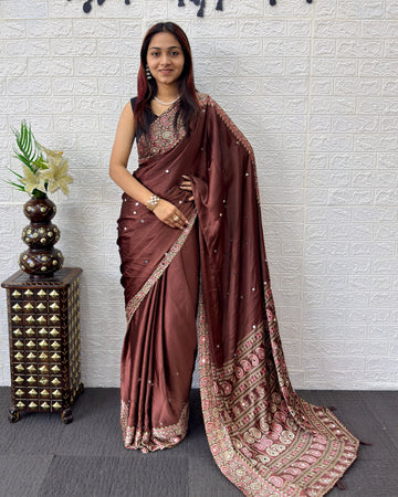 Chocolate Brown Satin Silk Saree with Kashmiri Paisley Print Pallu & Designer Border | Festive, Wedding & Party Wear Saree