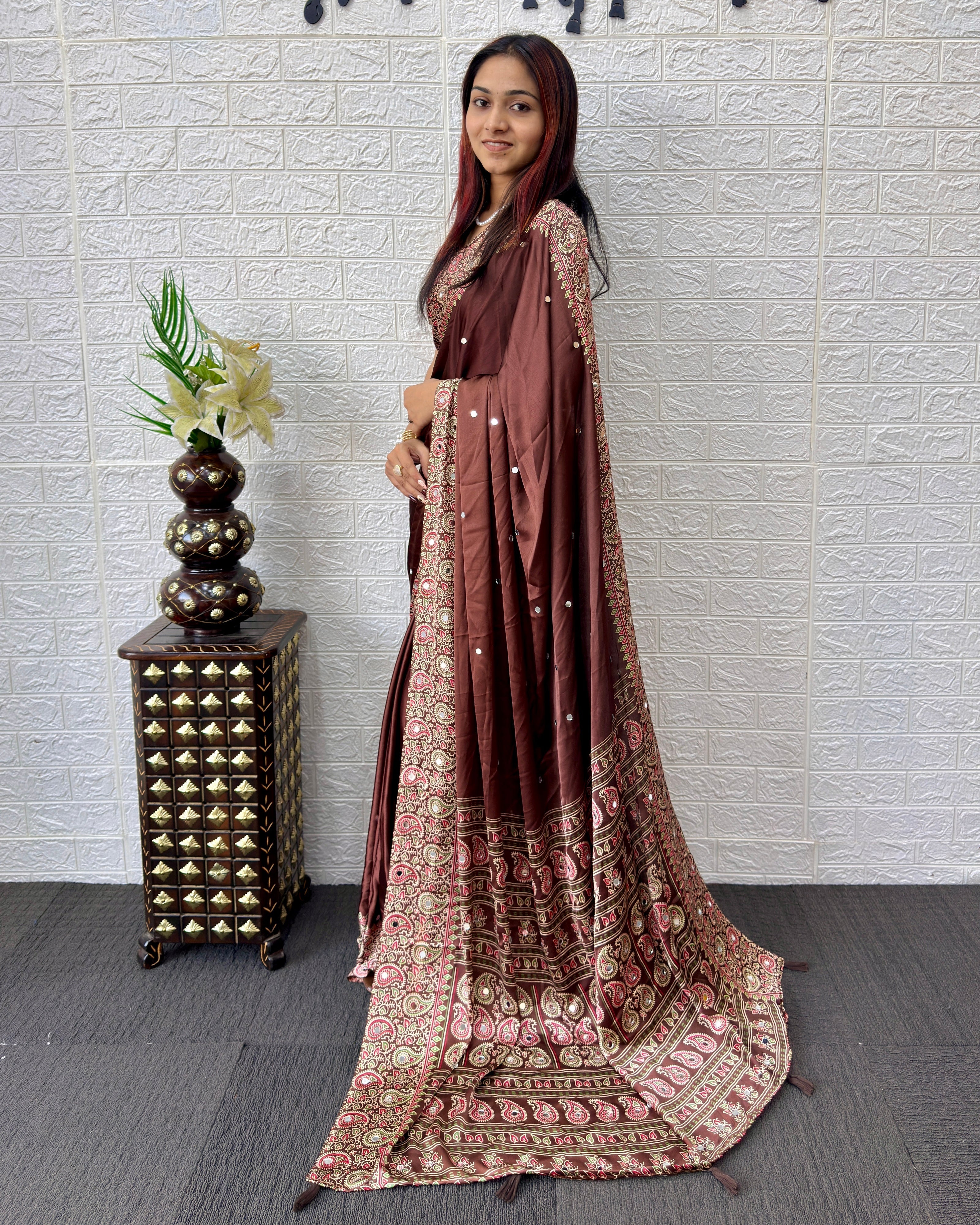 Chocolate Brown Satin Silk Saree with Kashmiri Paisley Print Pallu & Designer Border | Festive, Wedding & Party Wear Saree