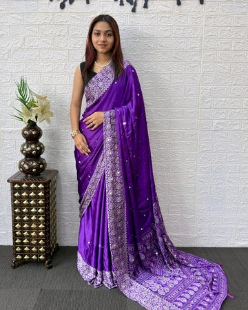 Royal Purple Satin Silk Saree with Kashmiri Paisley Print Pallu & Mirror Butti Detailing | Festive & Wedding Wear Saree