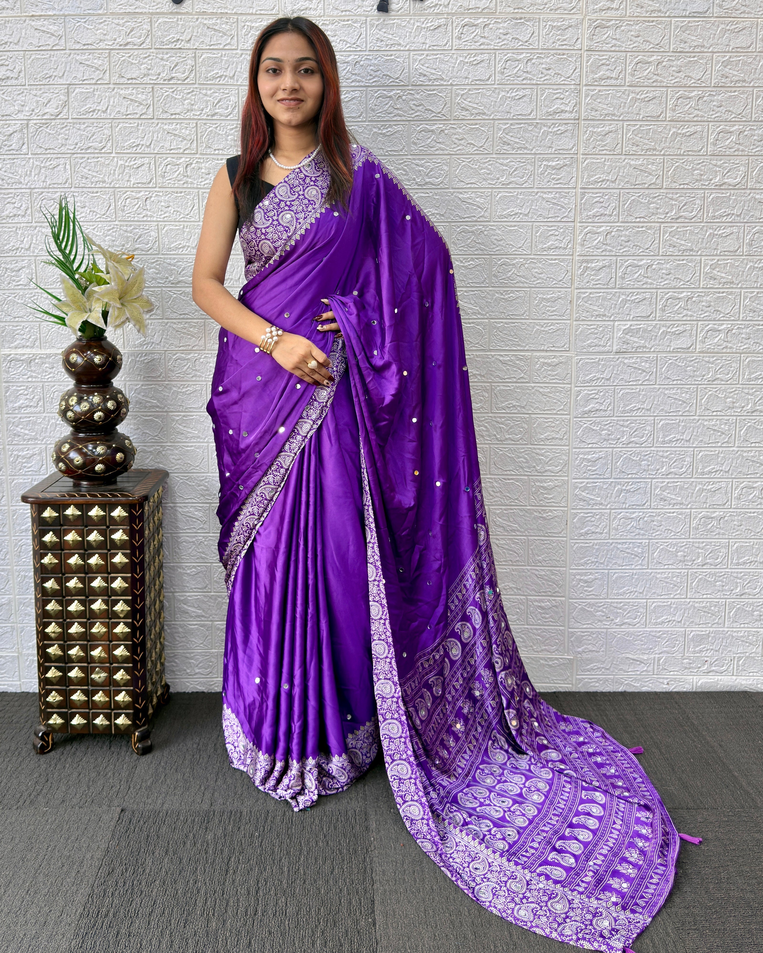 Royal Purple Satin Silk Saree with Kashmiri Paisley Print Pallu & Mirror Butti Detailing | Festive & Wedding Wear Saree