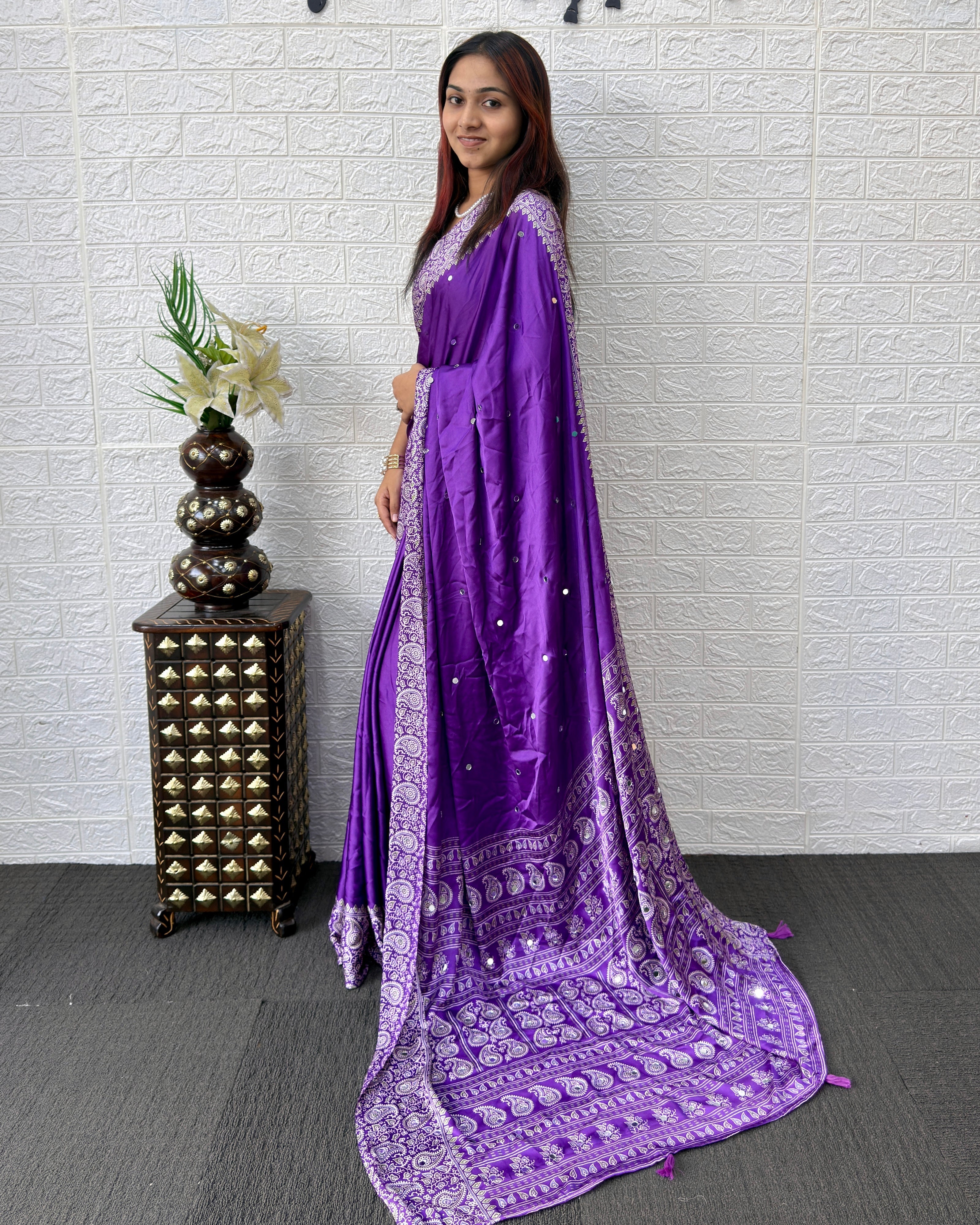 Royal Purple Satin Silk Saree with Kashmiri Paisley Print Pallu & Mirror Butti Detailing | Festive & Wedding Wear Saree
