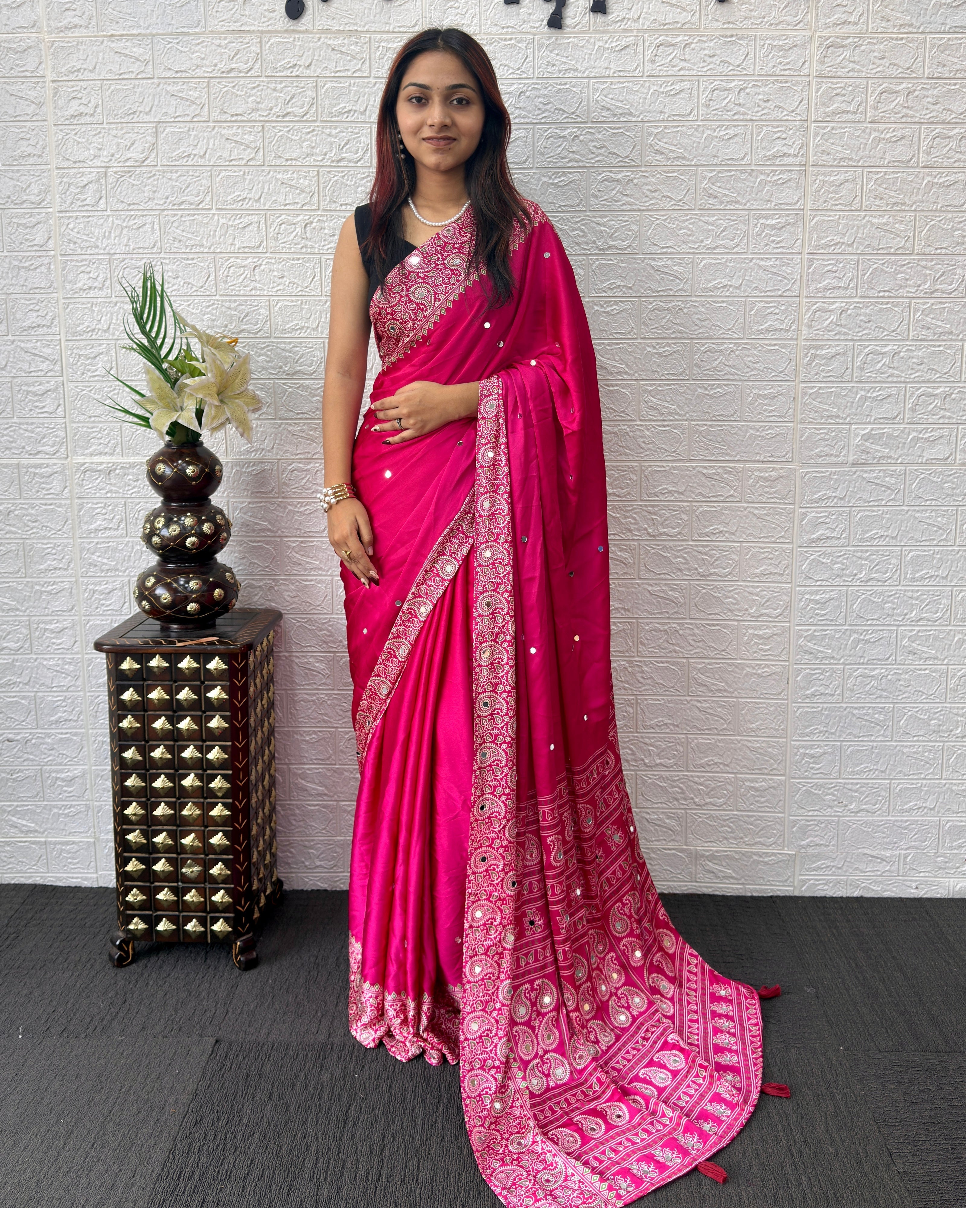 Rani Pink Satin Silk Saree with Kashmiri Paisley Print Pallu & Mirror Butti Detailing | Festive, Wedding & Party Wear Saree