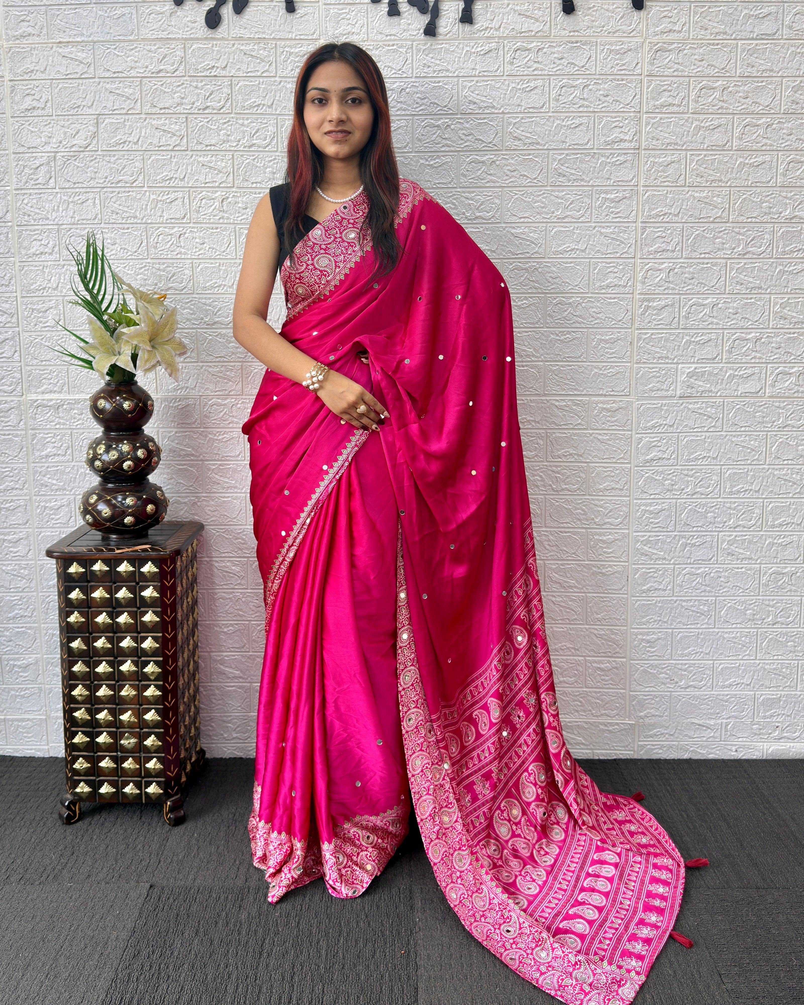 Rani Pink Satin Silk Saree with Kashmiri Paisley Print Pallu & Mirror Butti Detailing | Festive, Wedding & Party Wear Saree