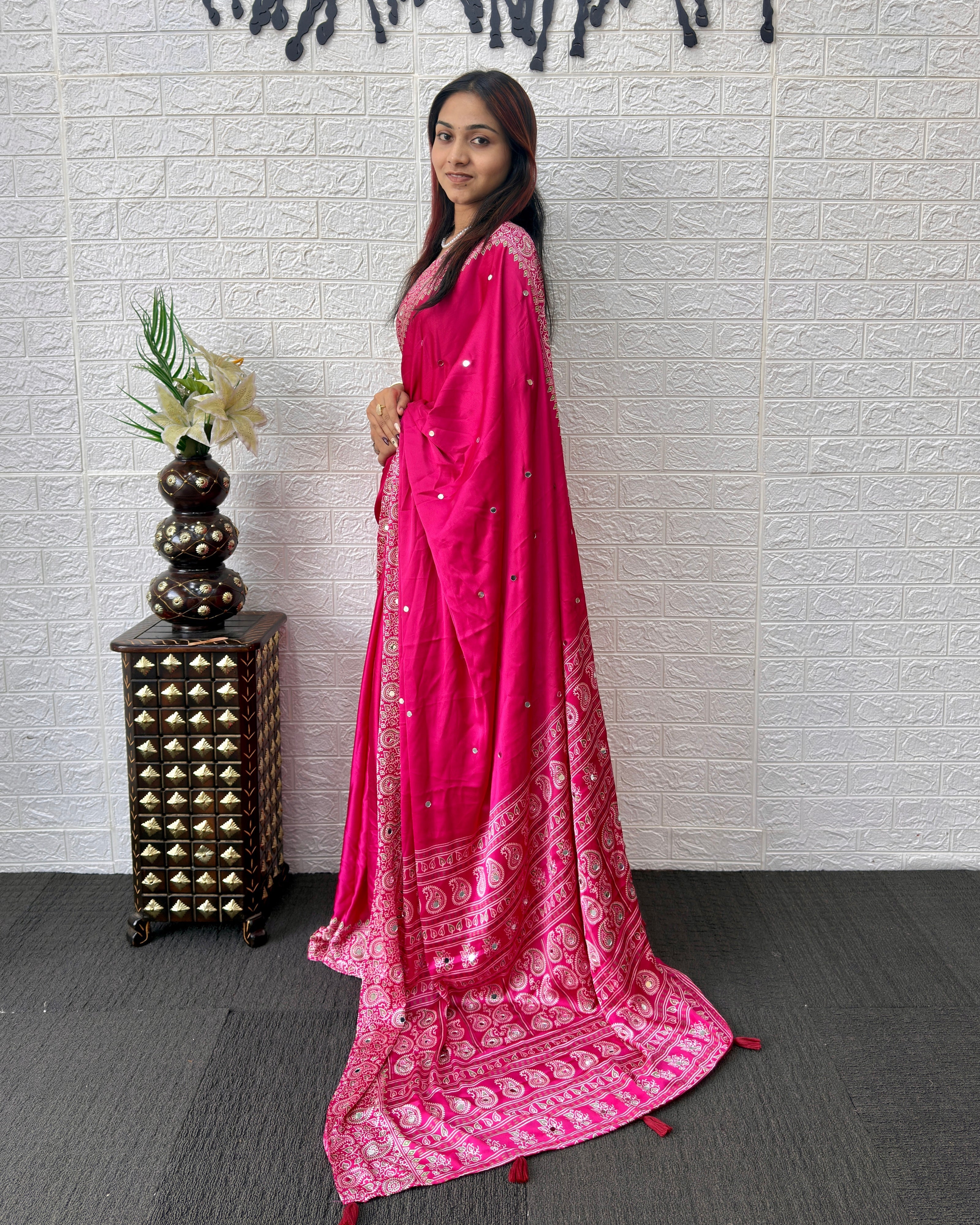 Rani Pink Satin Silk Saree with Kashmiri Paisley Print Pallu & Mirror Butti Detailing | Festive, Wedding & Party Wear Saree