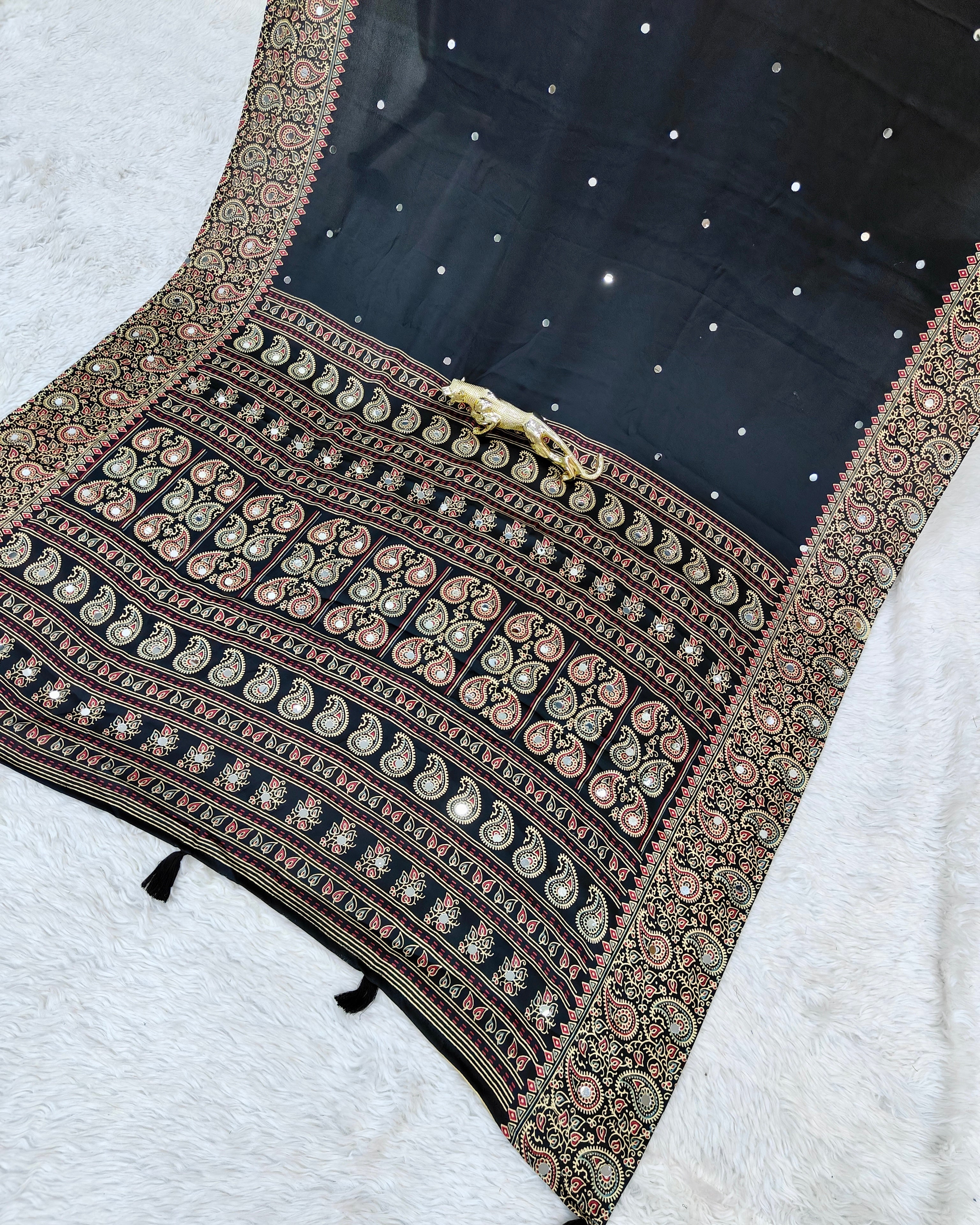 Black Satin Silk Saree with Kashmiri Paisley Print Pallu & Designer Border | Elegant Festive Wear Saree