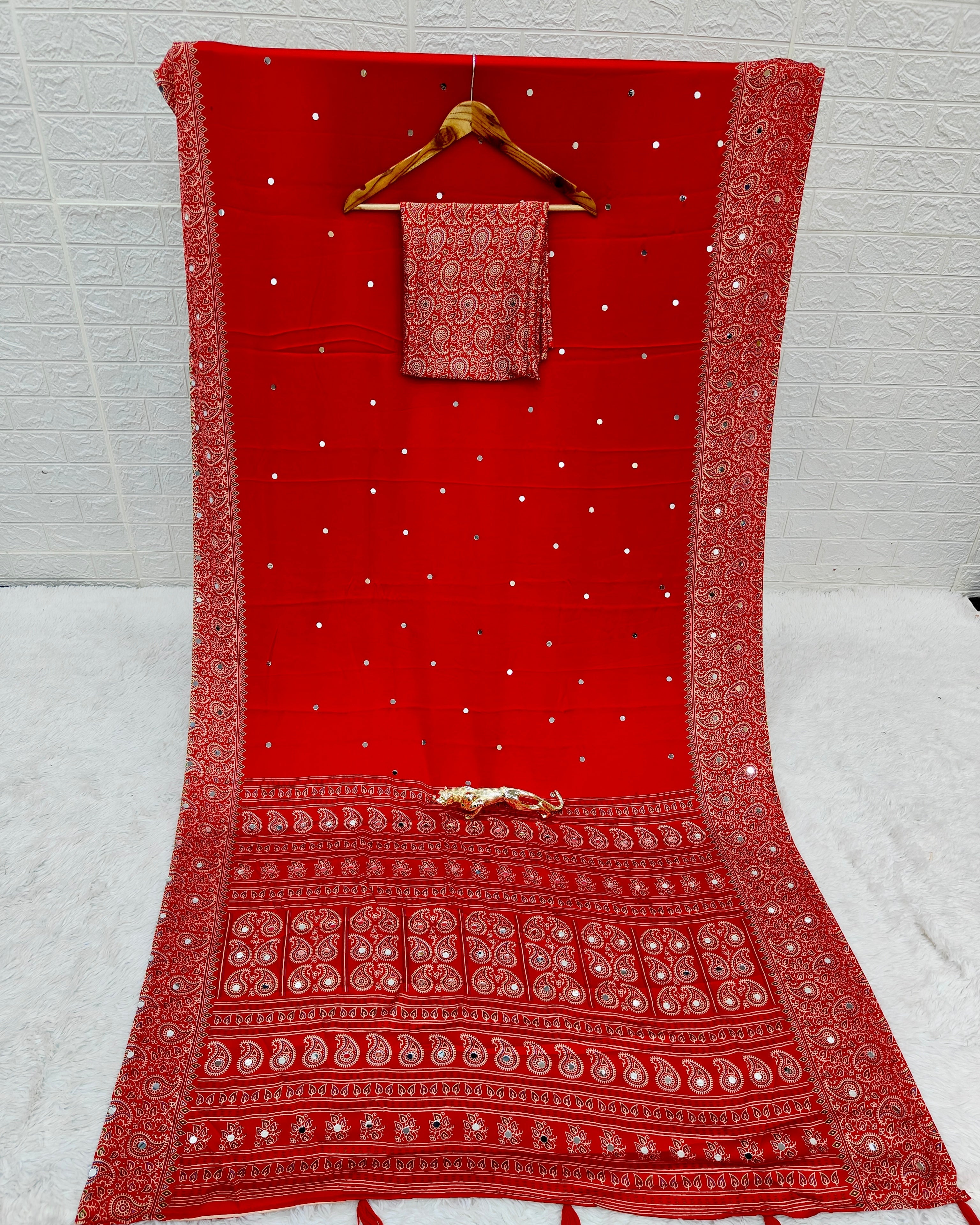 Red Satin Silk Saree with Kashmiri Paisley Print Pallu & Designer Border | Festive & Wedding Wear Saree