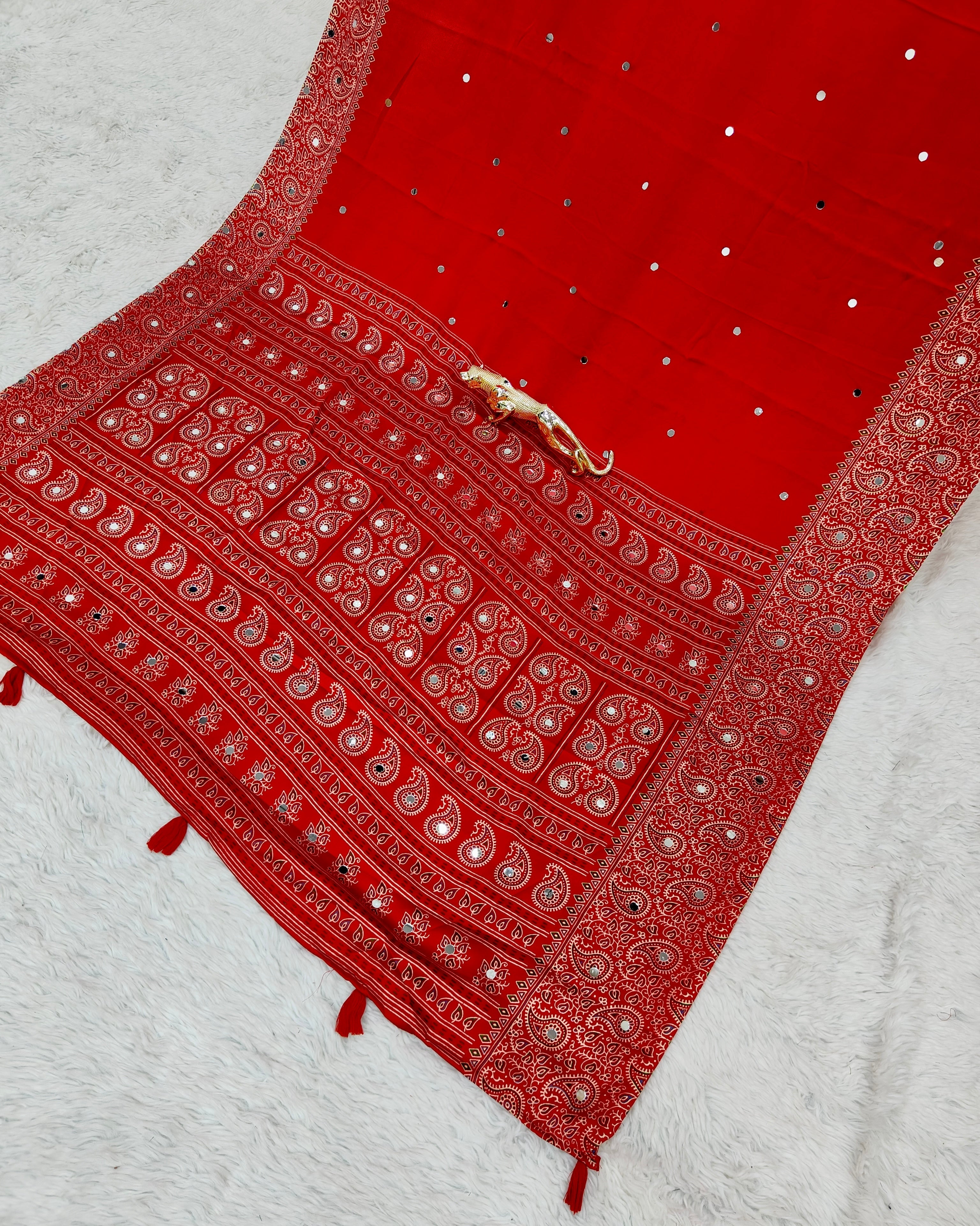Red Satin Silk Saree with Kashmiri Paisley Print Pallu & Designer Border | Festive & Wedding Wear Saree