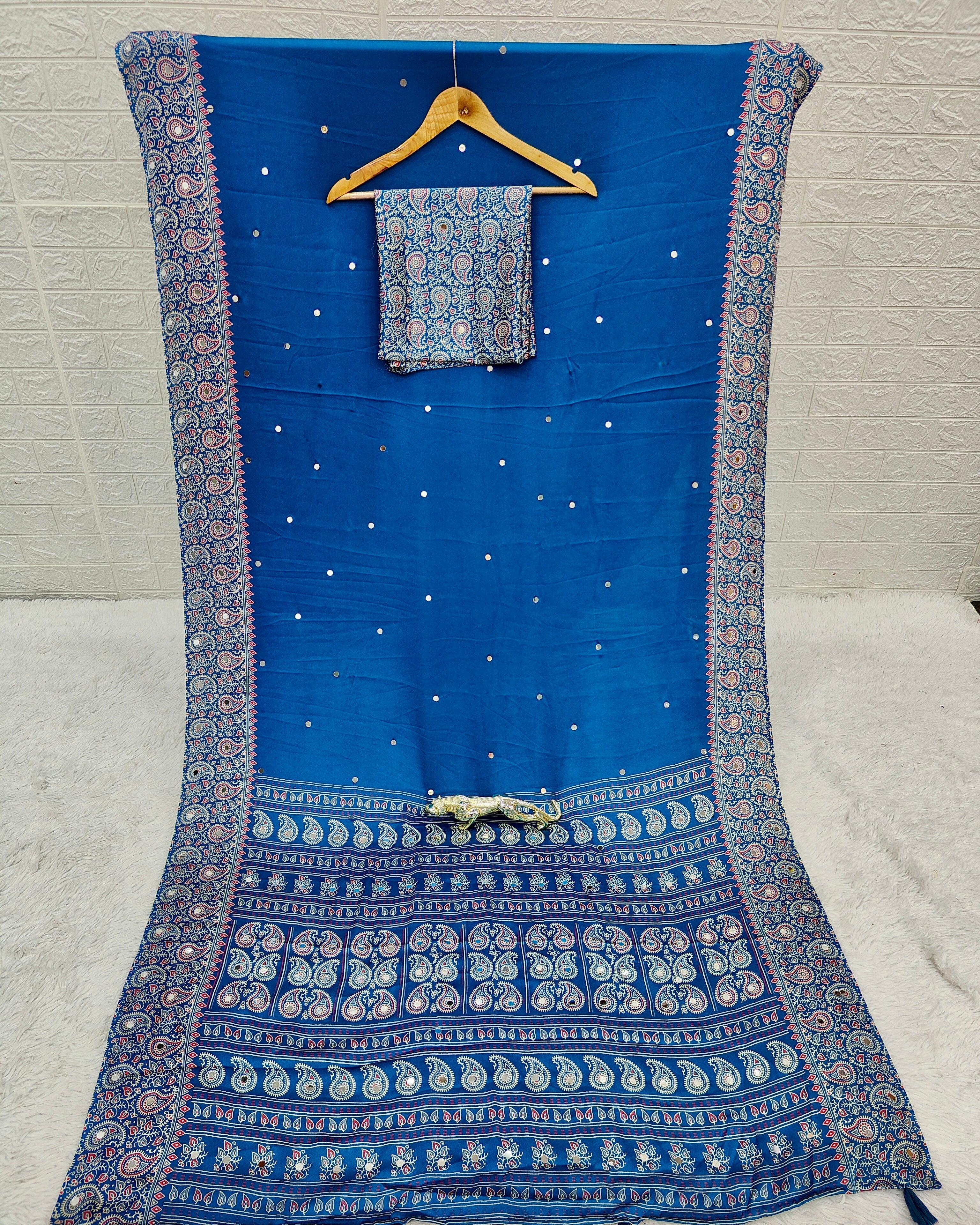 Royal Blue Satin Silk Saree with Kashmiri Paisley Print Pallu & Designer Border | Premium Festive Wear Saree
