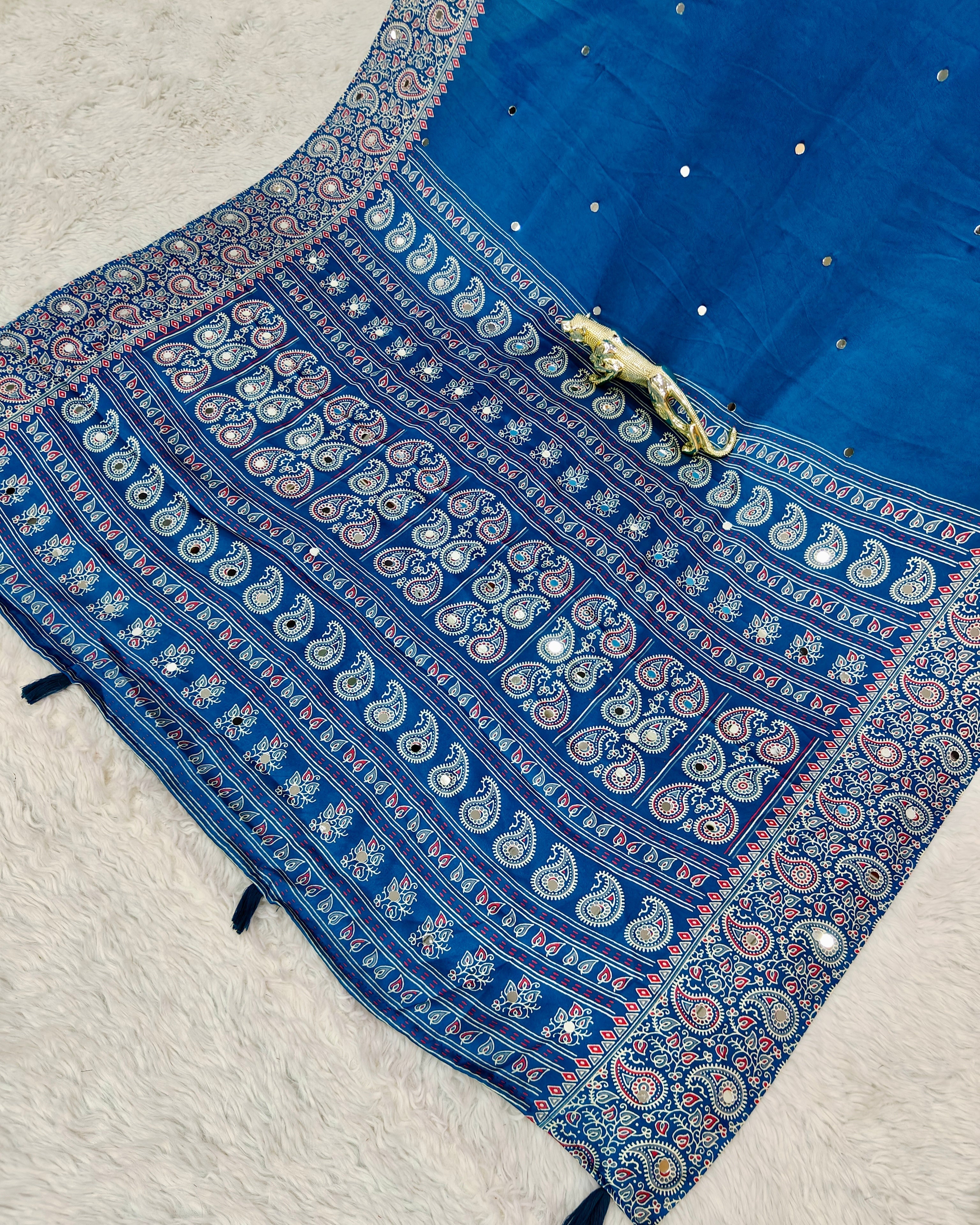 Royal Blue Satin Silk Saree with Kashmiri Paisley Print Pallu & Designer Border | Premium Festive Wear Saree