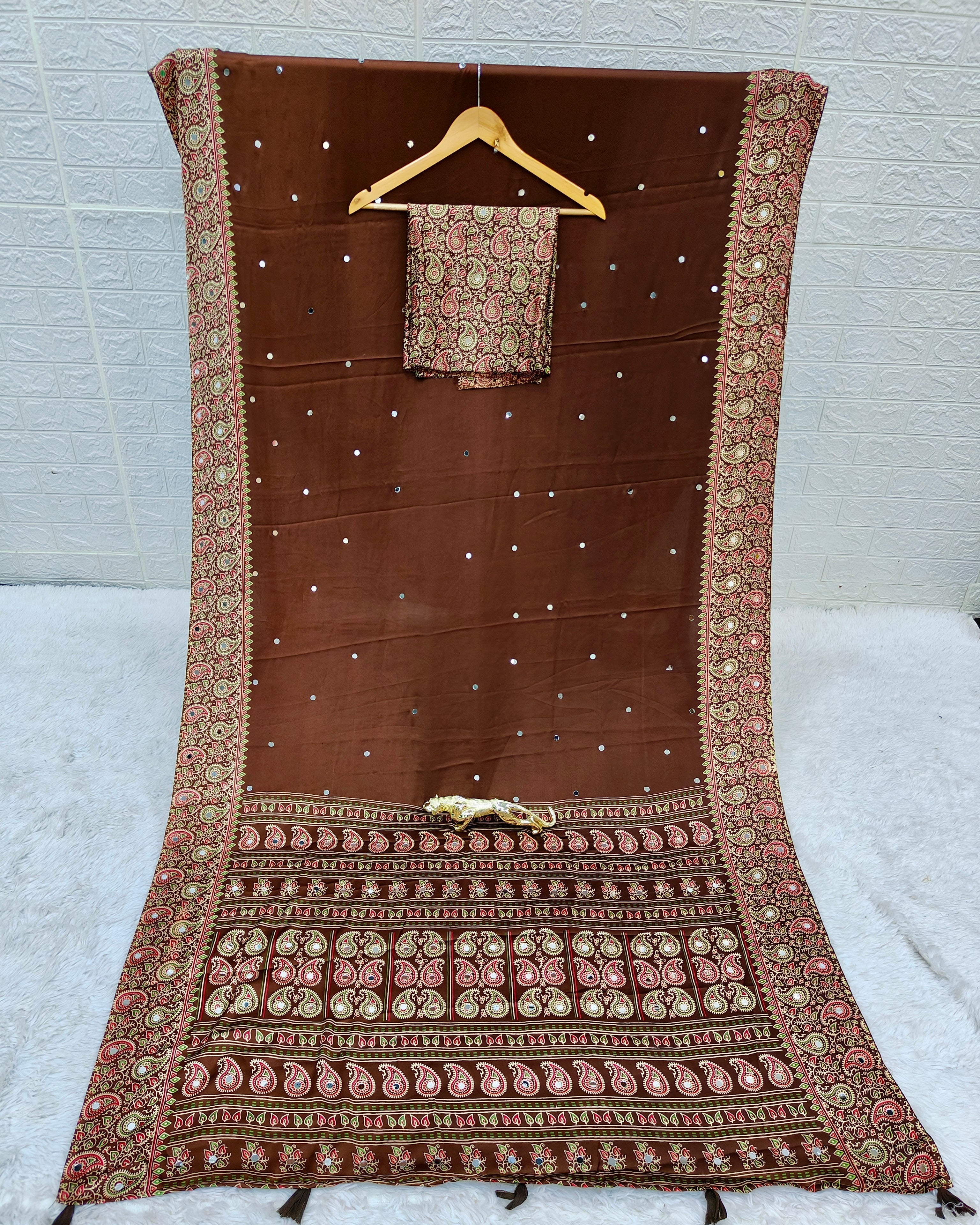 Chocolate Brown Satin Silk Saree with Kashmiri Paisley Print Pallu & Designer Border | Festive, Wedding & Party Wear Saree