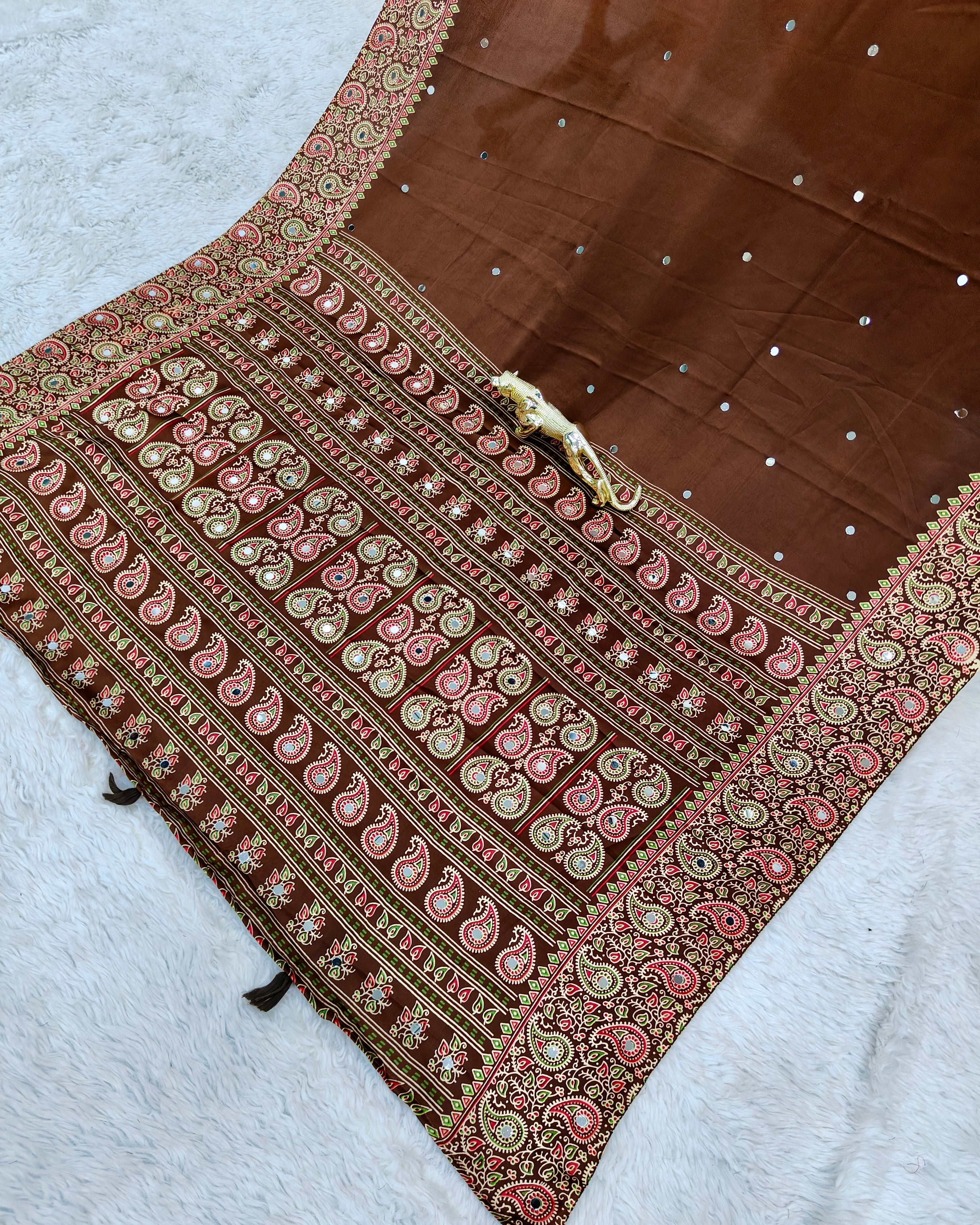 Chocolate Brown Satin Silk Saree with Kashmiri Paisley Print Pallu & Designer Border | Festive, Wedding & Party Wear Saree