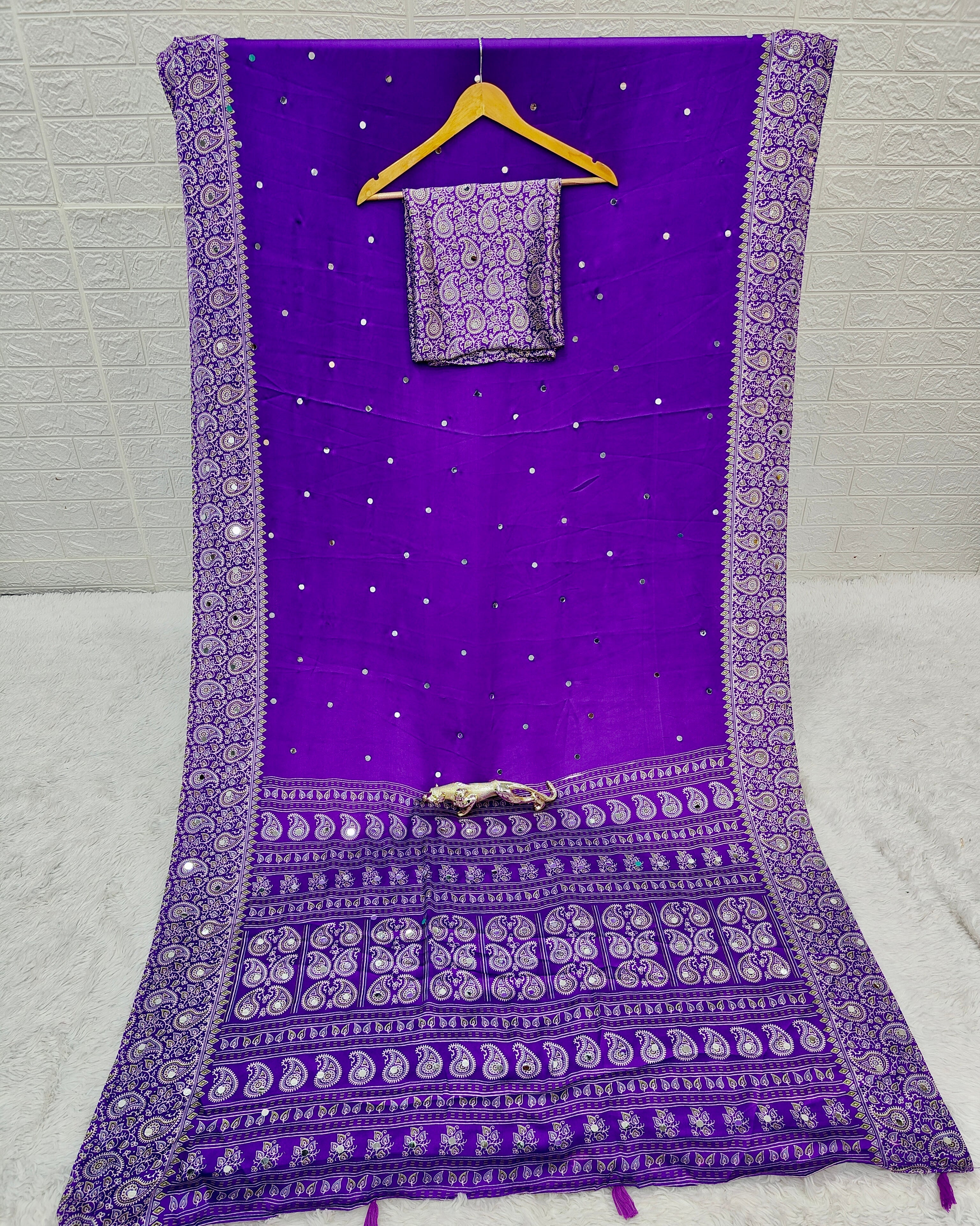 Royal Purple Satin Silk Saree with Kashmiri Paisley Print Pallu & Mirror Butti Detailing | Festive & Wedding Wear Saree