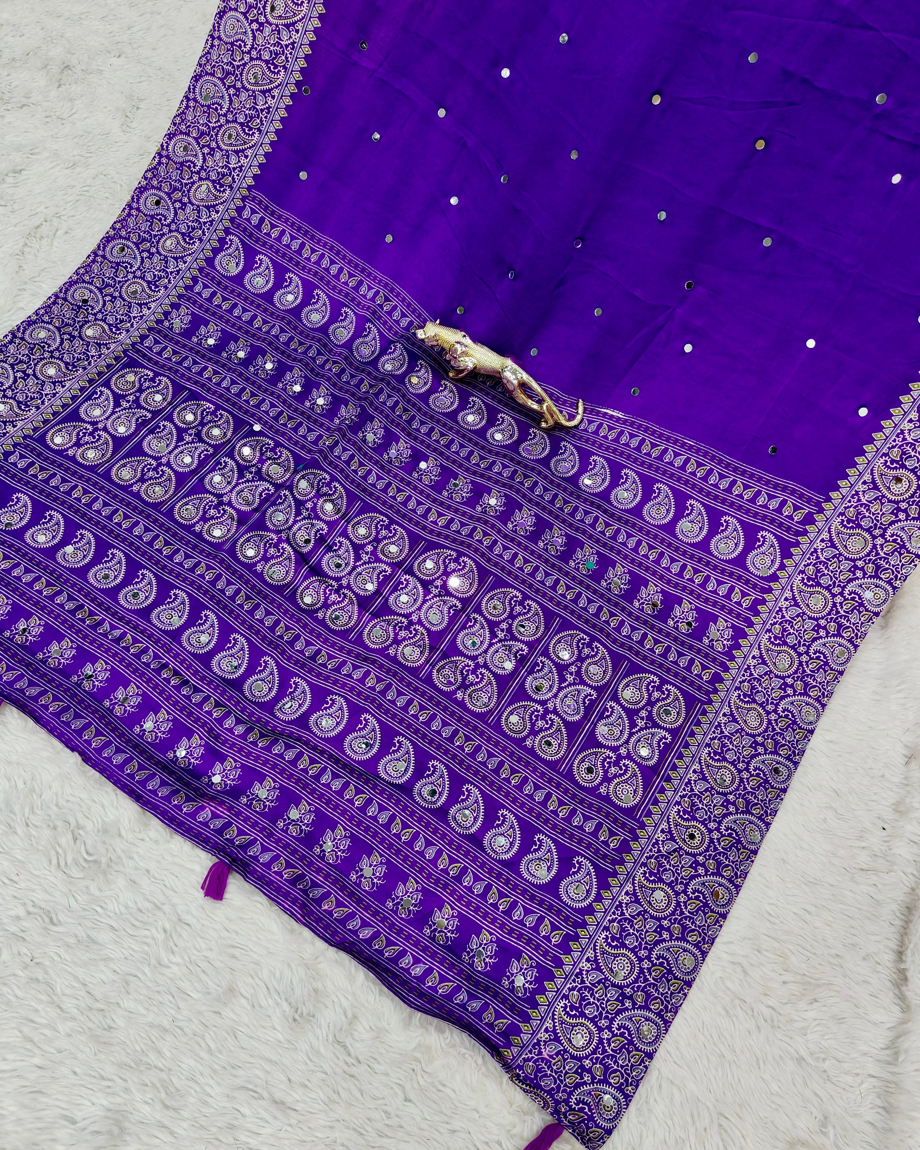 Royal Purple Satin Silk Saree with Kashmiri Paisley Print Pallu & Mirror Butti Detailing | Festive & Wedding Wear Saree