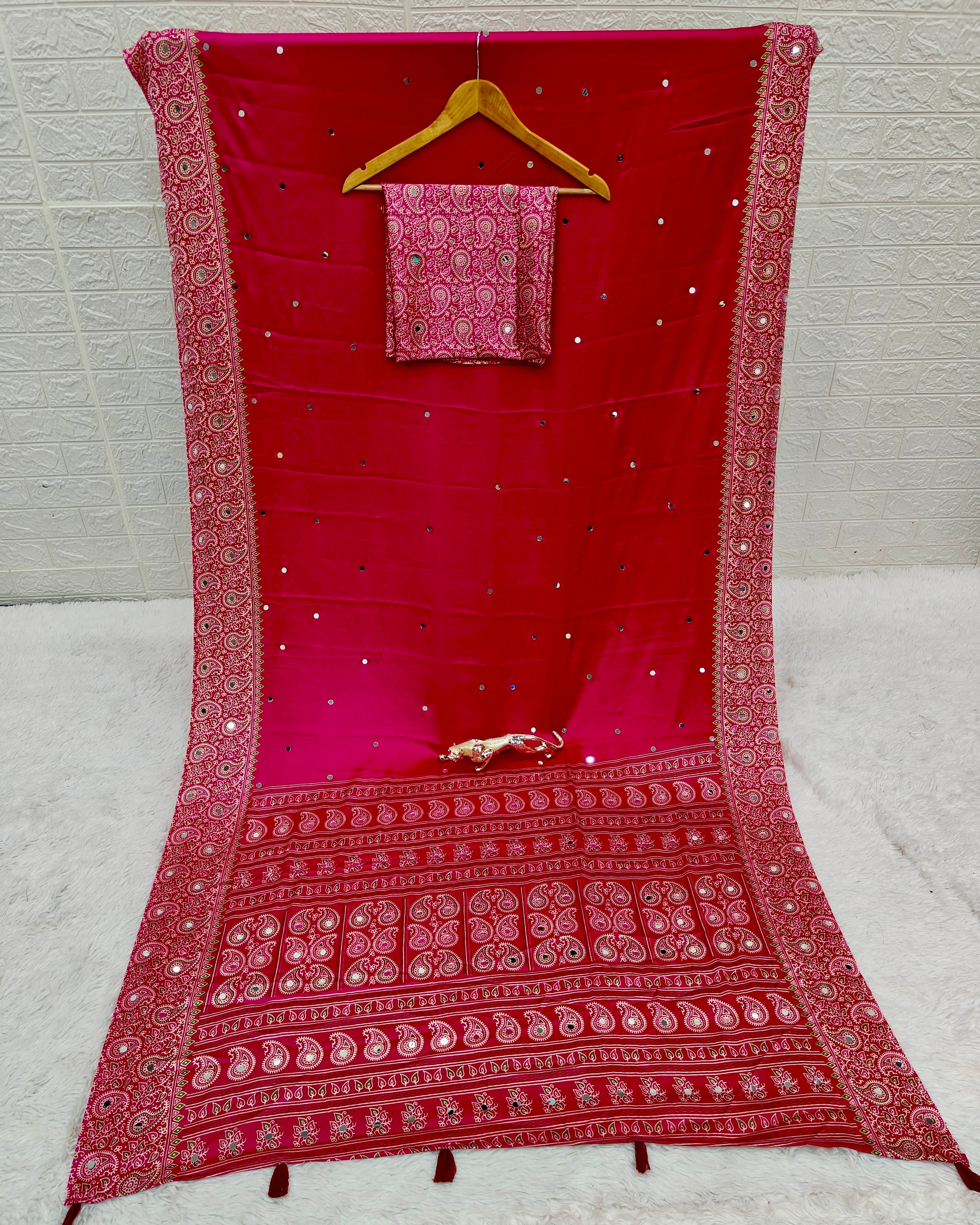 Rani Pink Satin Silk Saree with Kashmiri Paisley Print Pallu & Mirror Butti Detailing | Festive, Wedding & Party Wear Saree