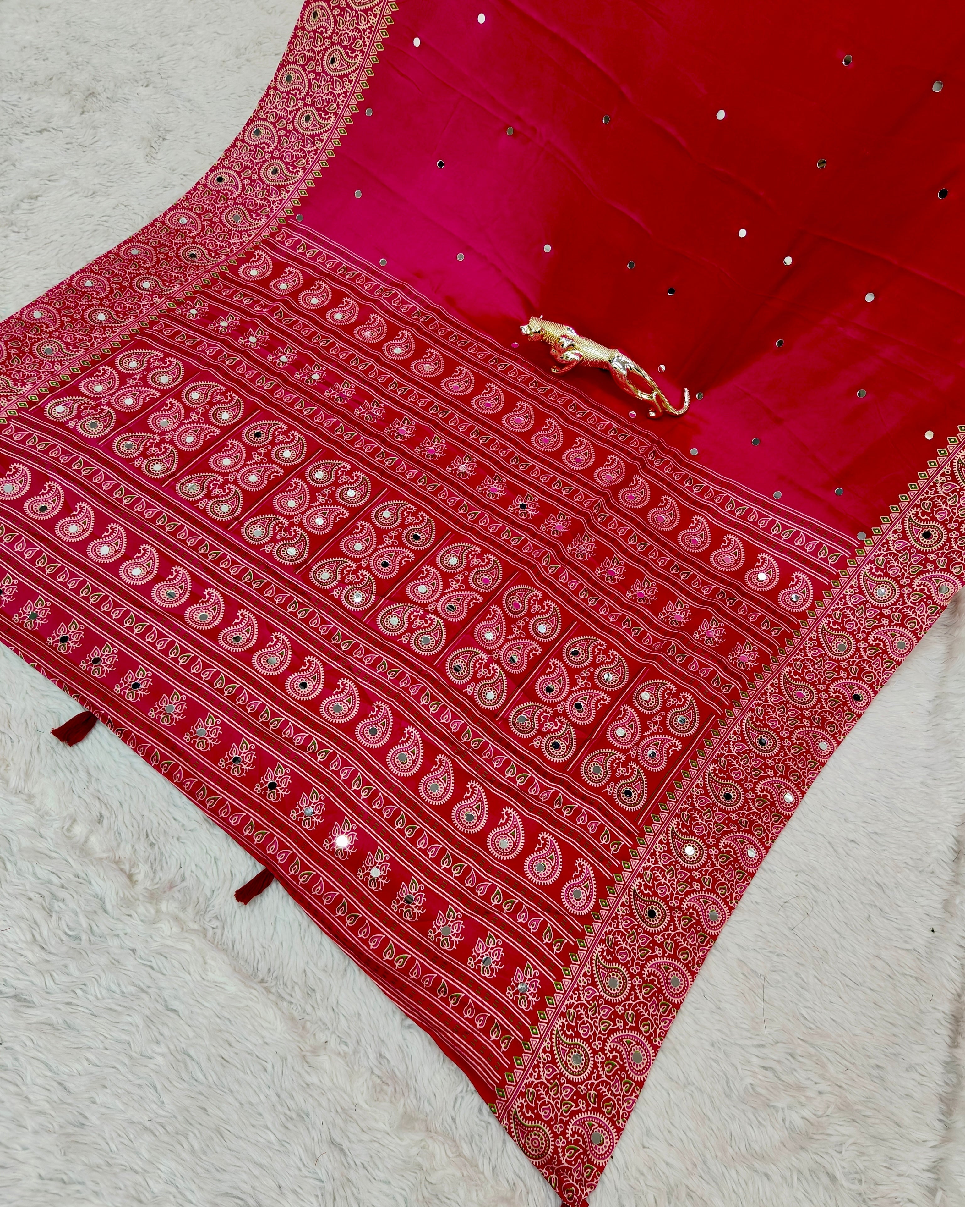 Rani Pink Satin Silk Saree with Kashmiri Paisley Print Pallu & Mirror Butti Detailing | Festive, Wedding & Party Wear Saree