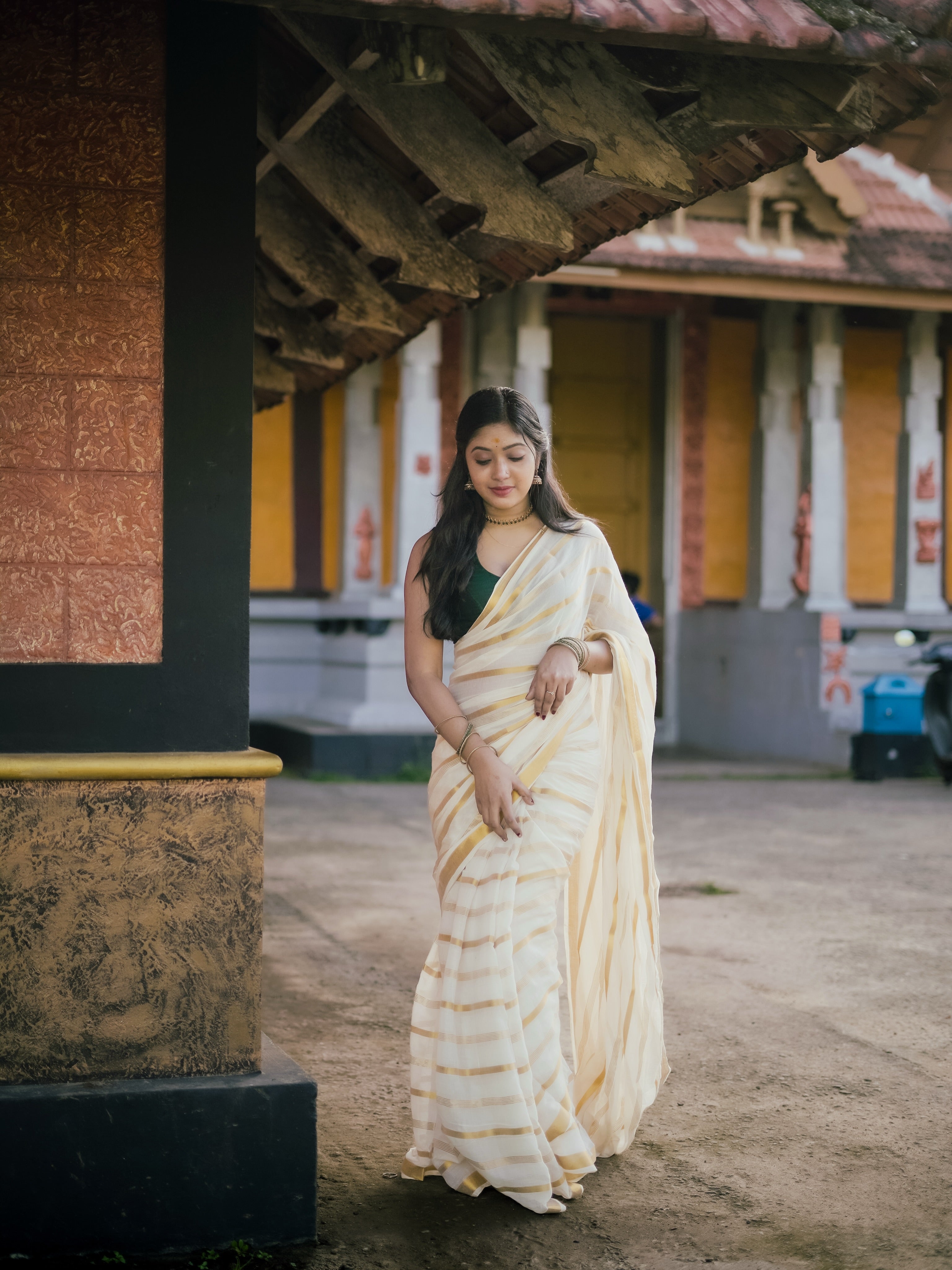 Ivory Gold Stripe Kerala Tissue Saree | Traditional Kasavu Style Elegant Festive Wear