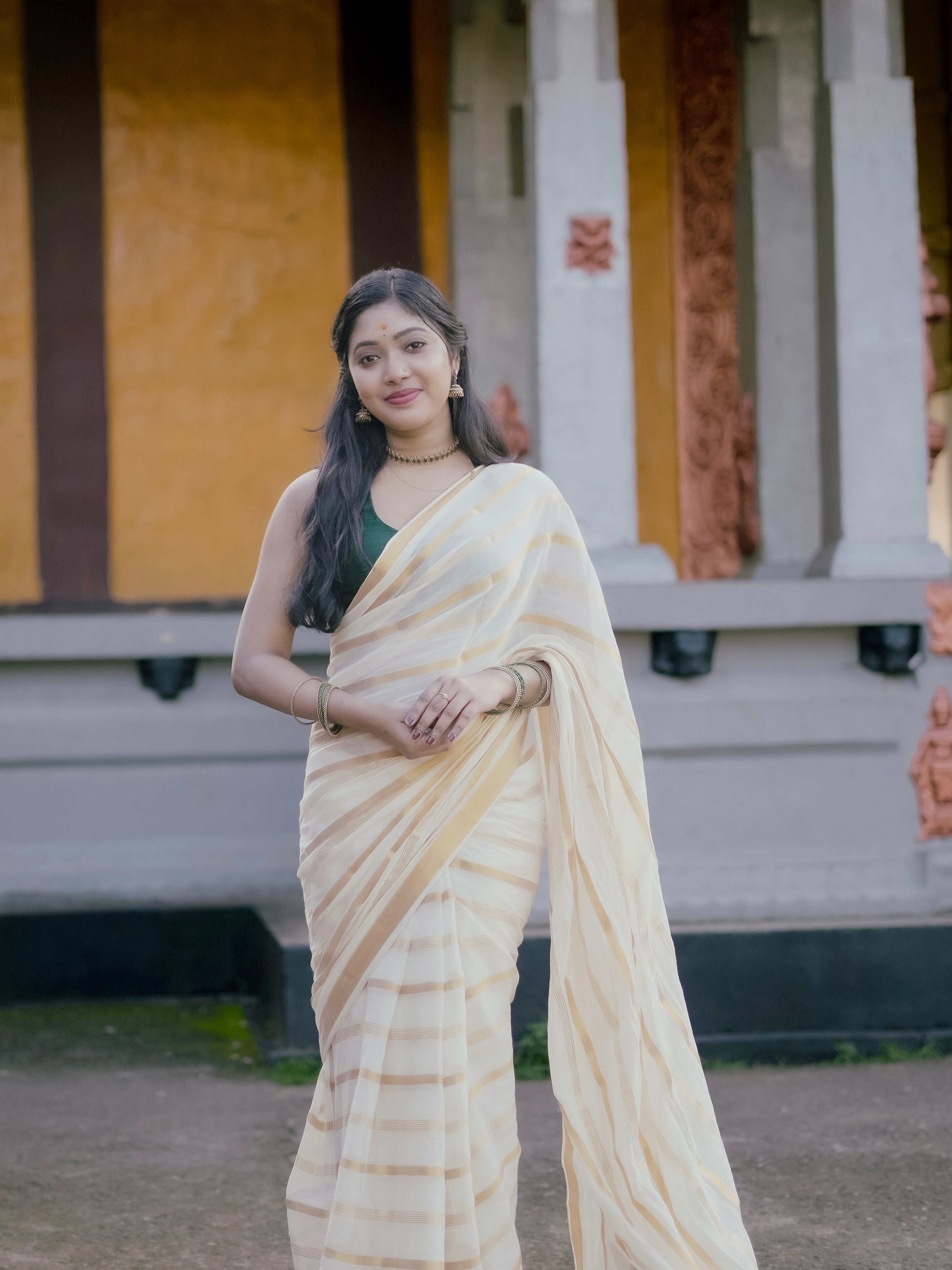 Ivory Gold Stripe Kerala Tissue Saree | Traditional Kasavu Style Elegant Festive Wear