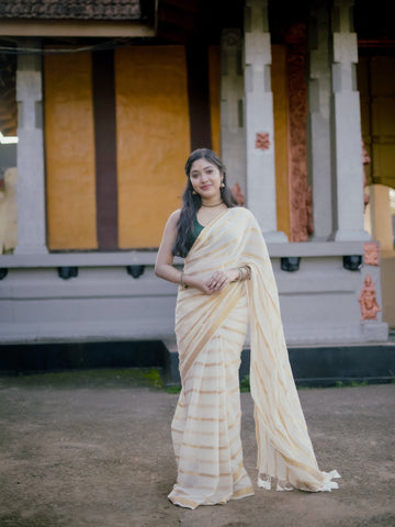 Ivory Gold Stripe Kerala Tissue Saree | Traditional Kasavu Style Elegant Festive Wear