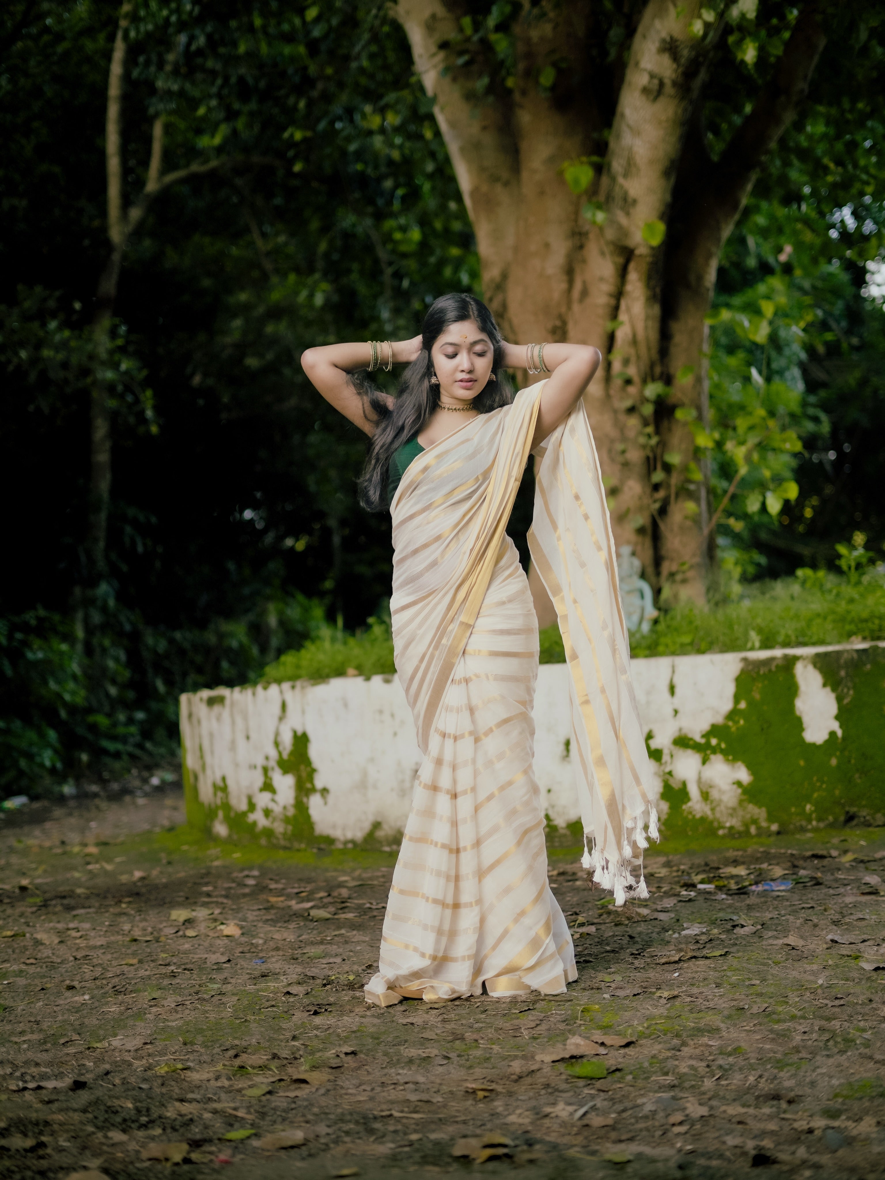 Ivory Gold Stripe Kerala Tissue Saree | Traditional Kasavu Style Elegant Festive Wear