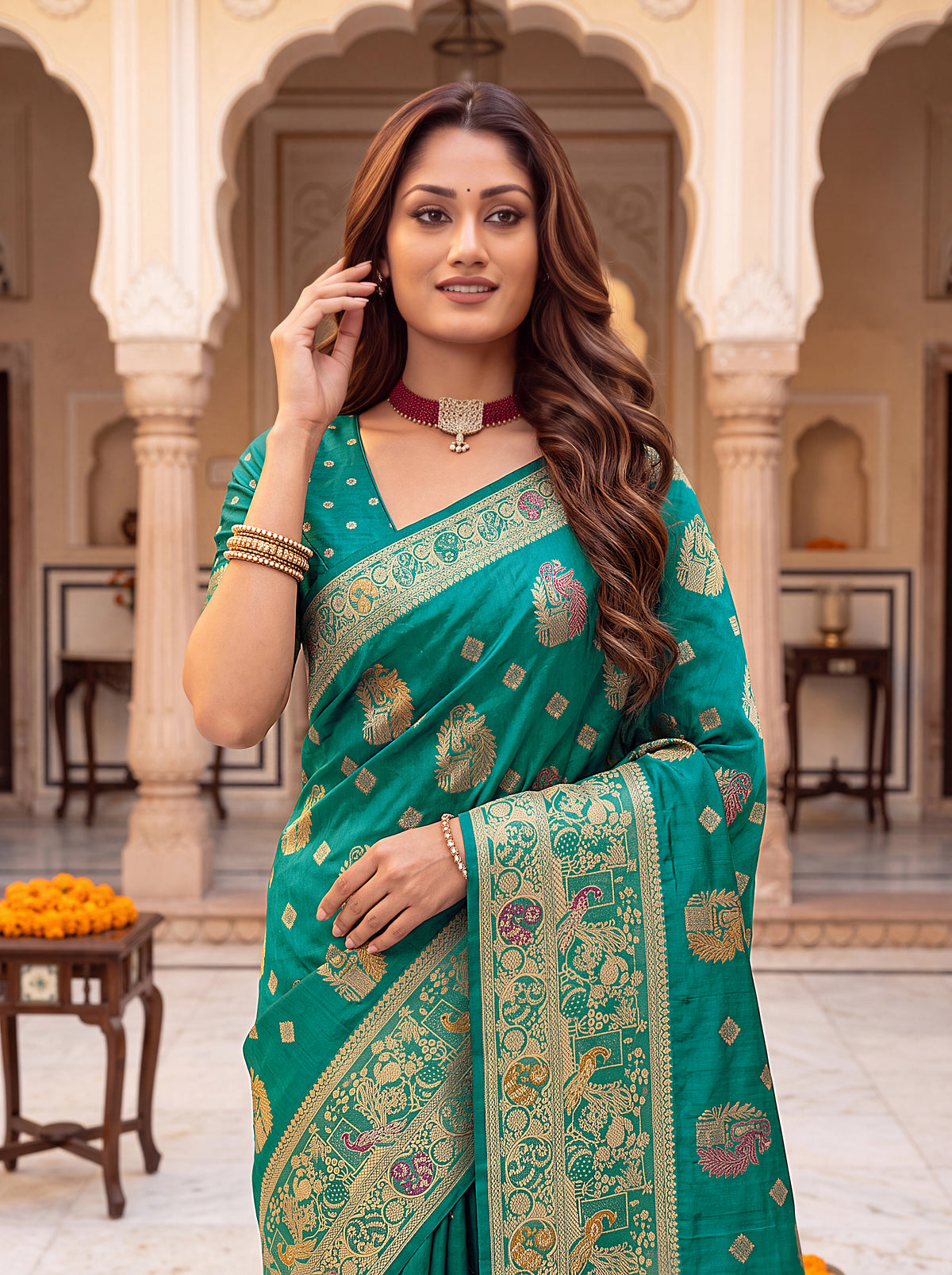 Royal Cherry Banarasi Silk Collectio Saree – Designer Festiven