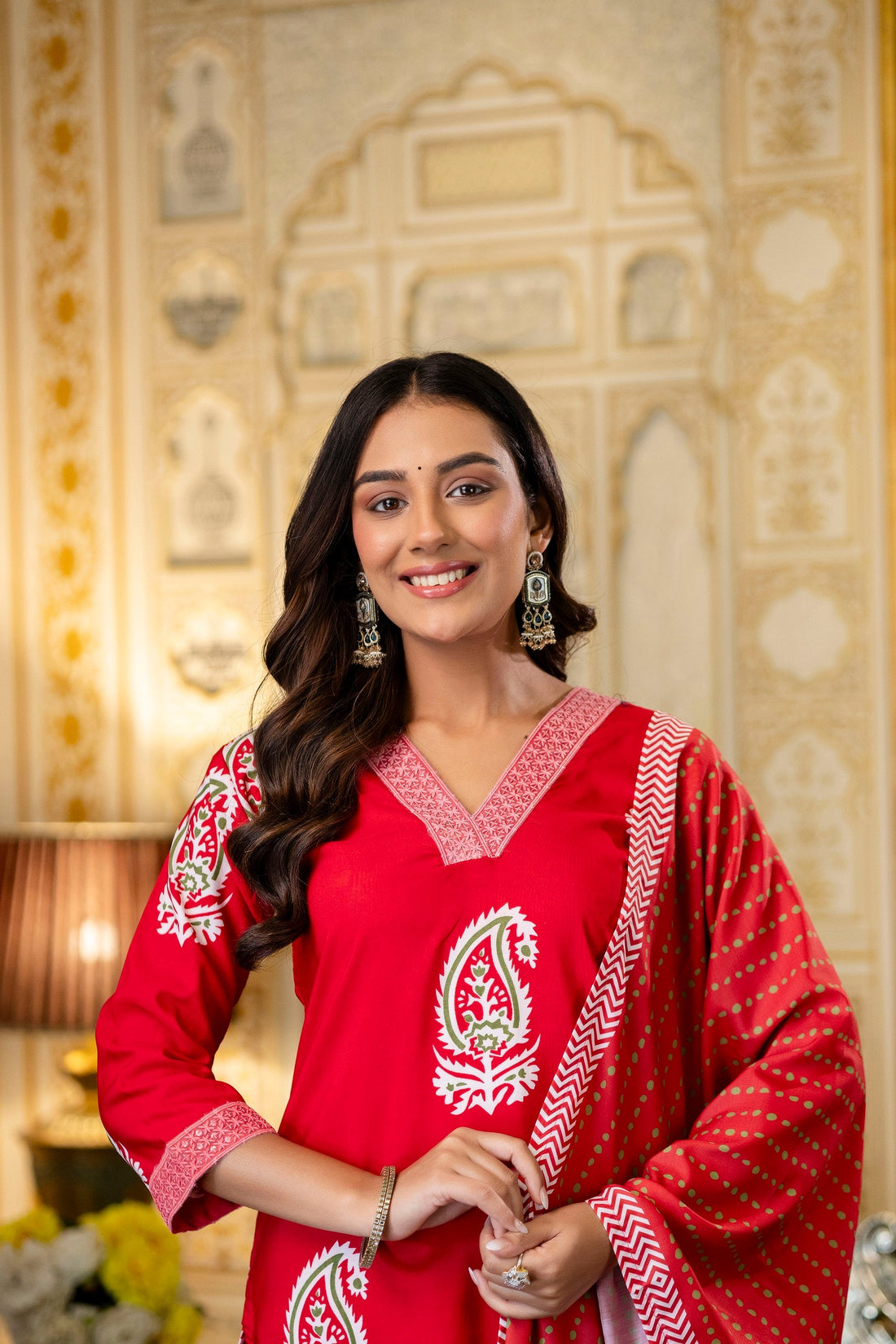 Red Ethnic Outfit Featuring a Kurta With White Paisley Print