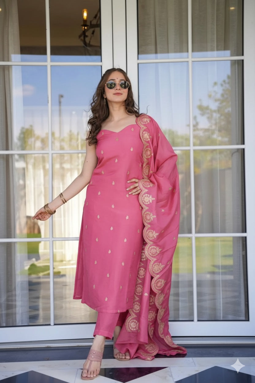 Vibrant Pink Zari Embroidered Straight Kurti Pant & Dupatta Suit Set