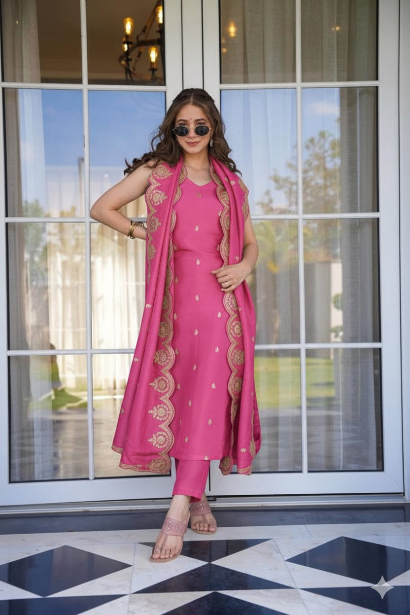 Vibrant Pink Zari Embroidered Straight Kurti Pant & Dupatta Suit Set
