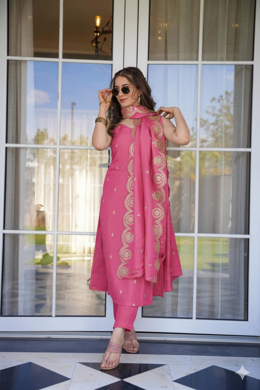 Vibrant Pink Zari Embroidered Straight Kurti Pant & Dupatta Suit Set