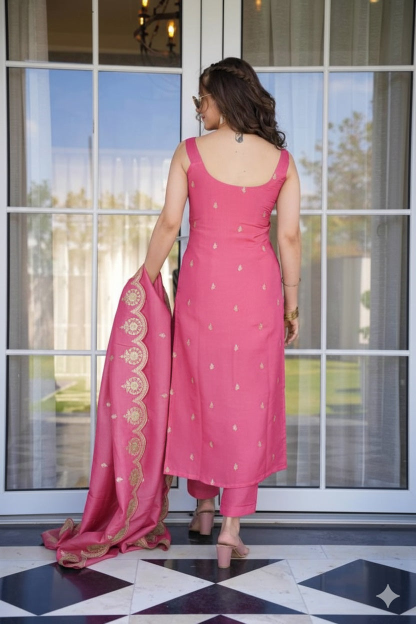 Vibrant Pink Zari Embroidered Straight Kurti Pant & Dupatta Suit Set