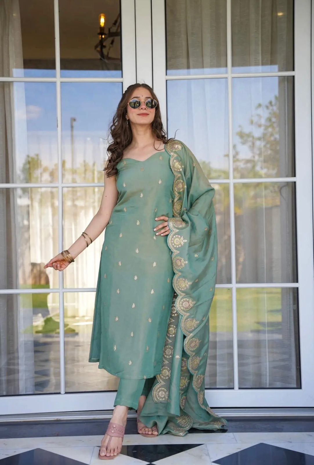 Sage Green Sleeveless Kurti Pant & Dupatta Suit Set with Gold Zari & Gota Patti Work