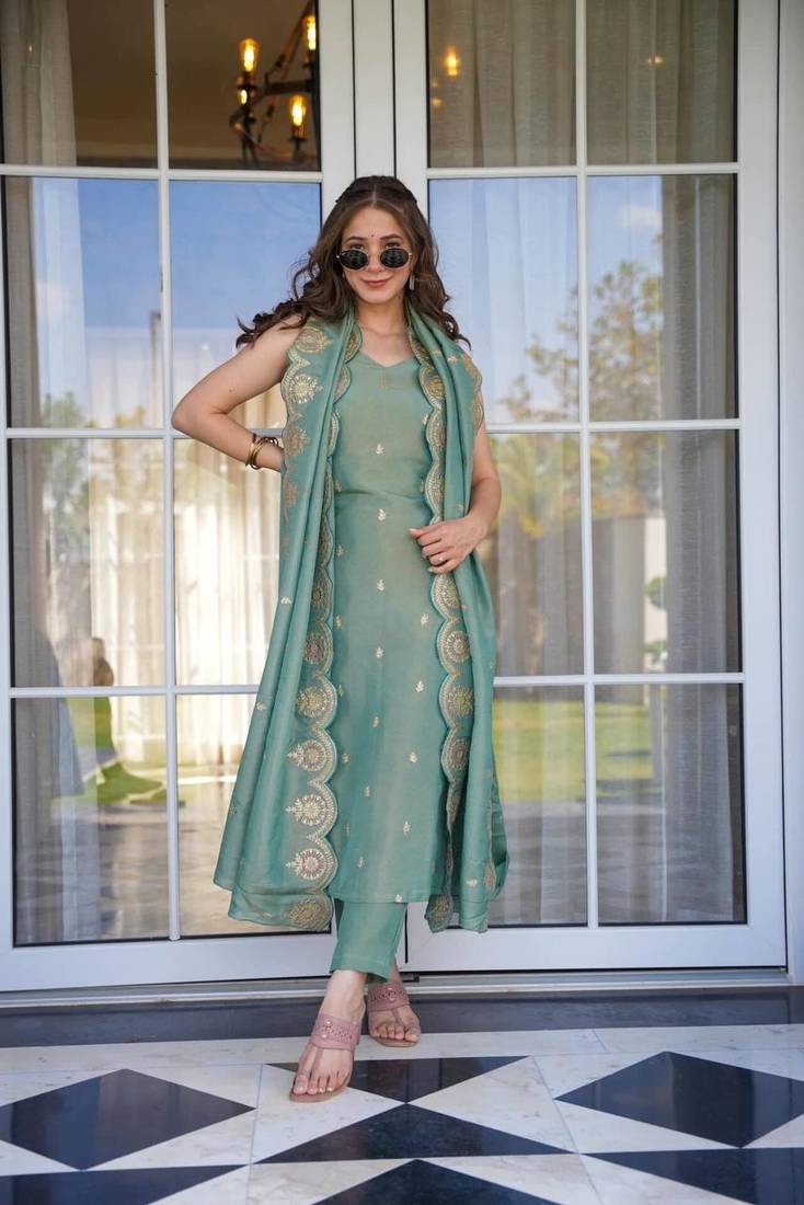 Sage Green Sleeveless Kurti Pant & Dupatta Suit Set with Gold Zari & Gota Patti Work