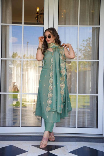 Sage Green Sleeveless Kurti Pant & Dupatta Suit Set with Gold Zari & Gota Patti Work