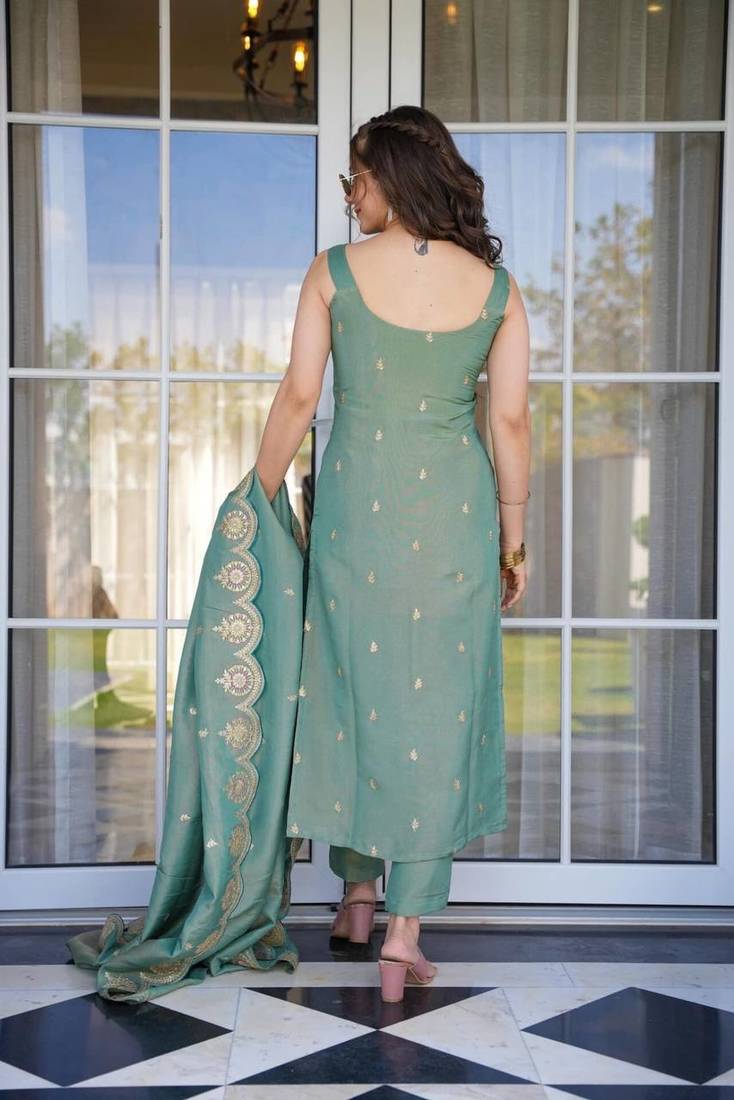 Sage Green Sleeveless Kurti Pant & Dupatta Suit Set with Gold Zari & Gota Patti Work