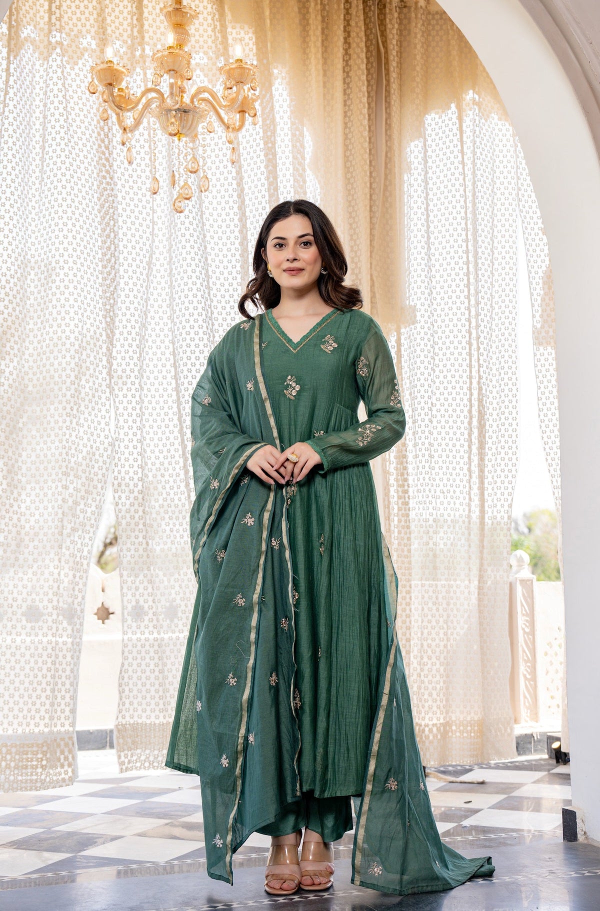 Regal Green Anarkali Suit Set with Gold Embroidery & Organza Dupatta