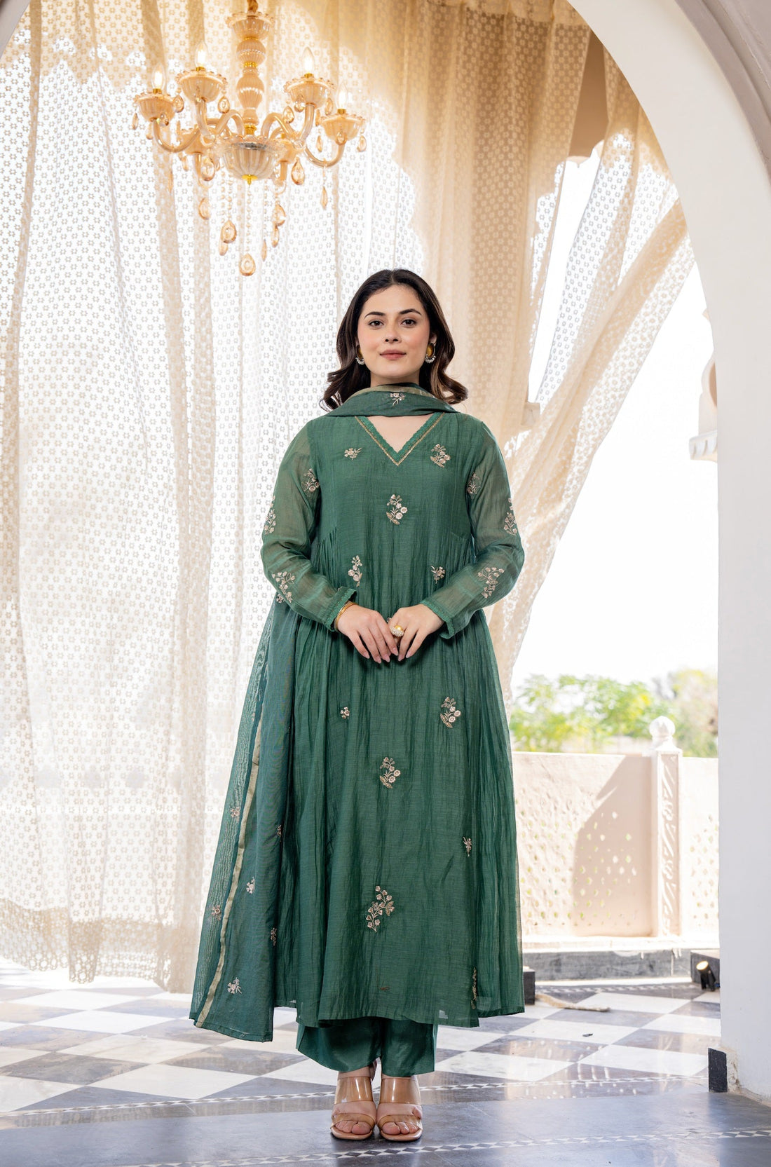 Regal Green Anarkali Suit Set with Gold Embroidery & Organza Dupatta
