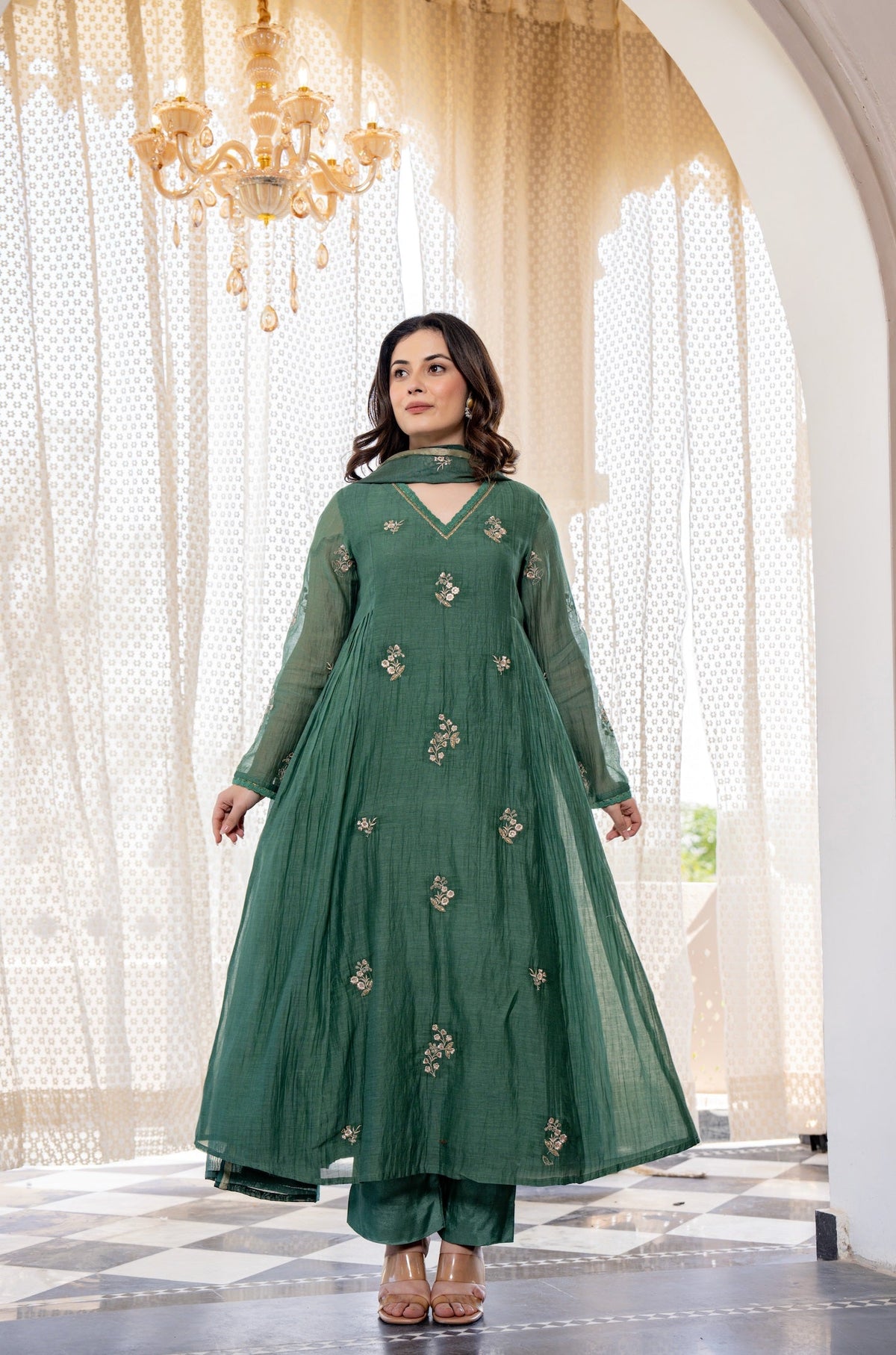 Regal Green Anarkali Suit Set with Gold Embroidery & Organza Dupatta