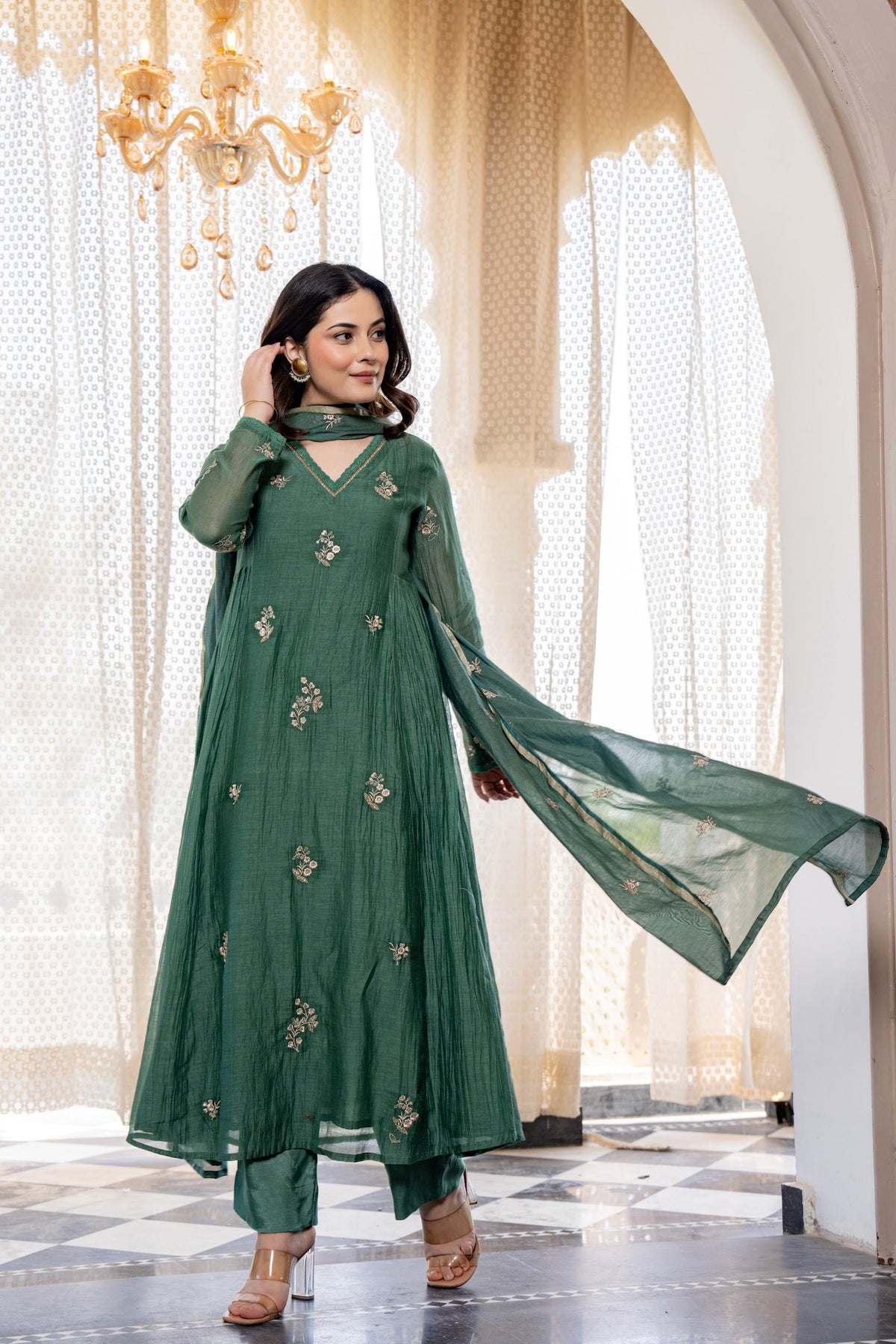 Regal Green Anarkali Suit Set with Gold Embroidery & Organza Dupatta