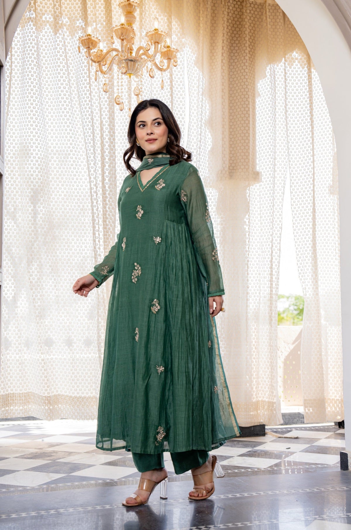 Regal Green Anarkali Suit Set with Gold Embroidery & Organza Dupatta