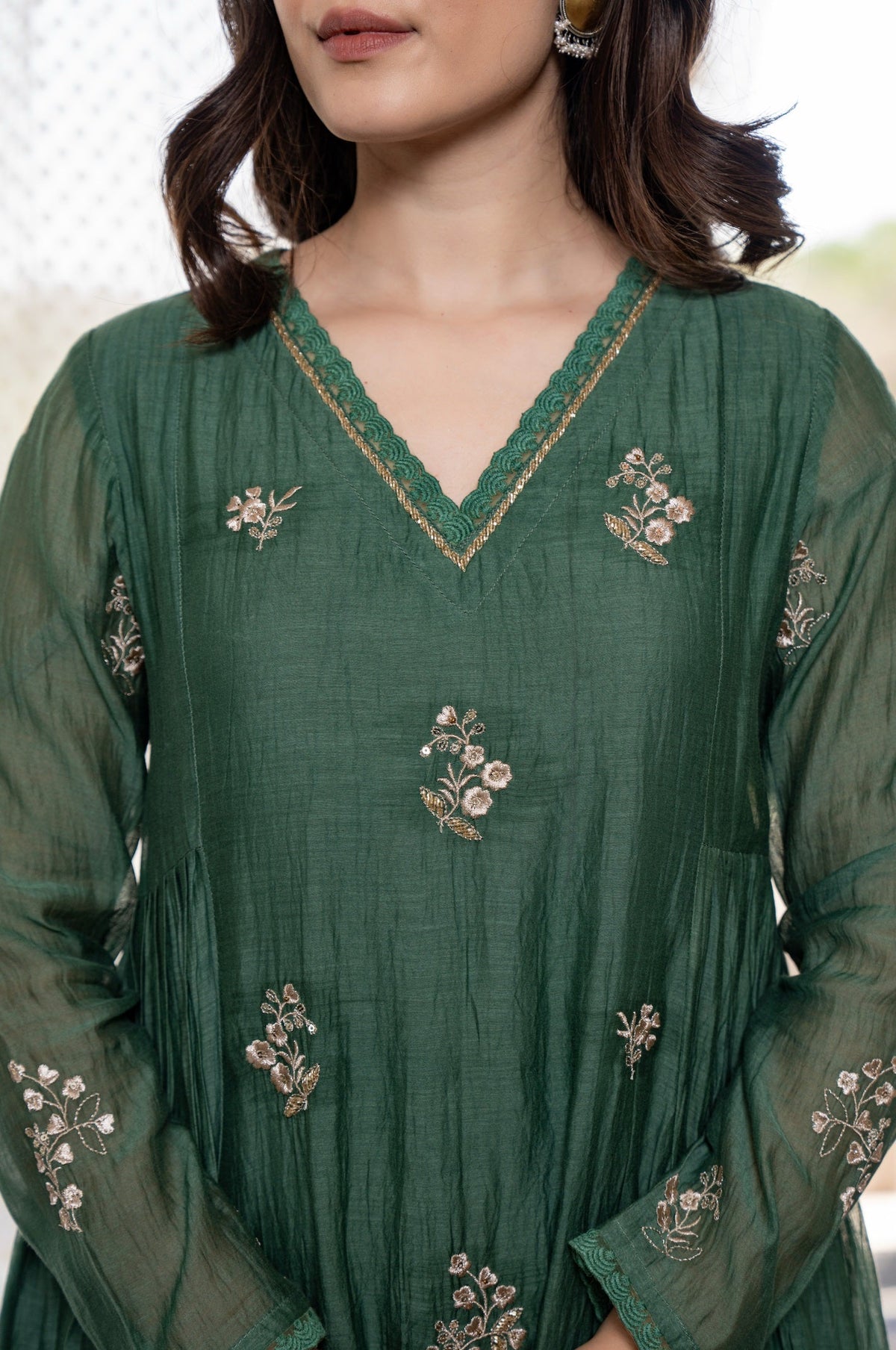 Regal Green Anarkali Suit Set with Gold Embroidery & Organza Dupatta