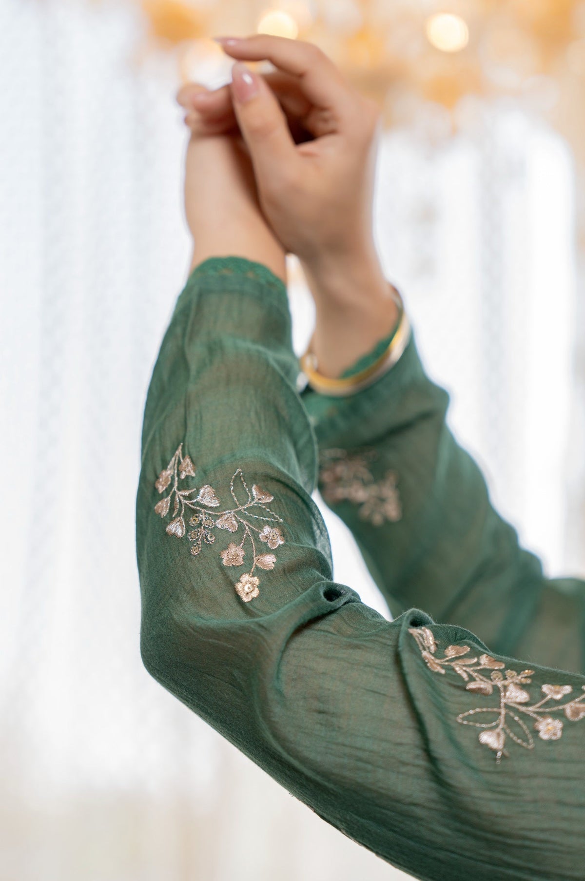 Regal Green Anarkali Suit Set with Gold Embroidery & Organza Dupatta