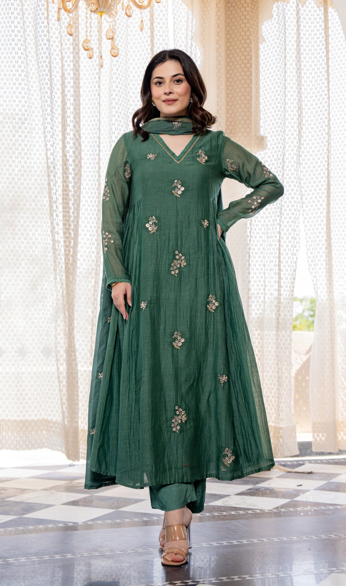Regal Green Anarkali Suit Set with Gold Embroidery & Organza Dupatta