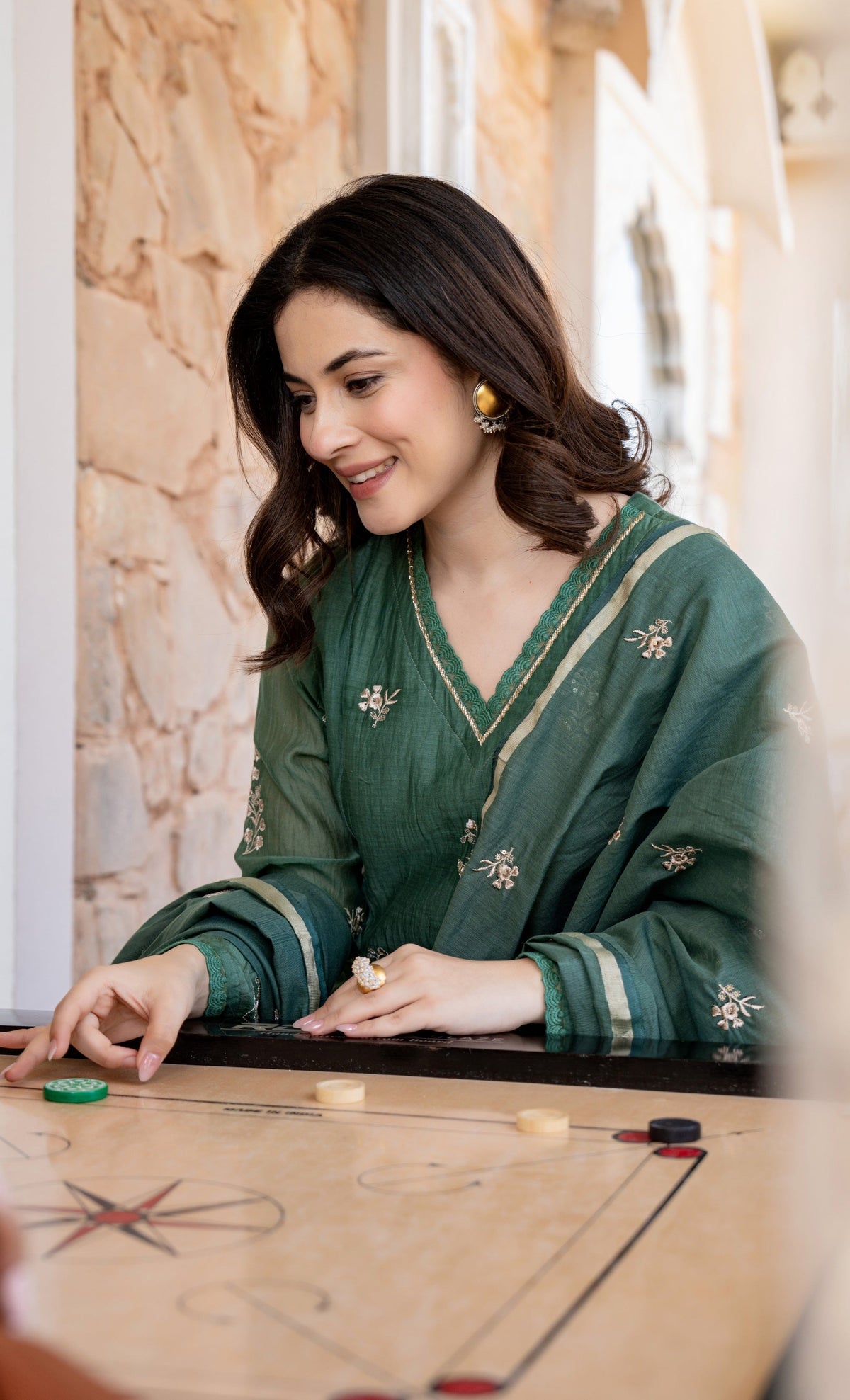 Regal Green Anarkali Suit Set with Gold Embroidery & Organza Dupatta
