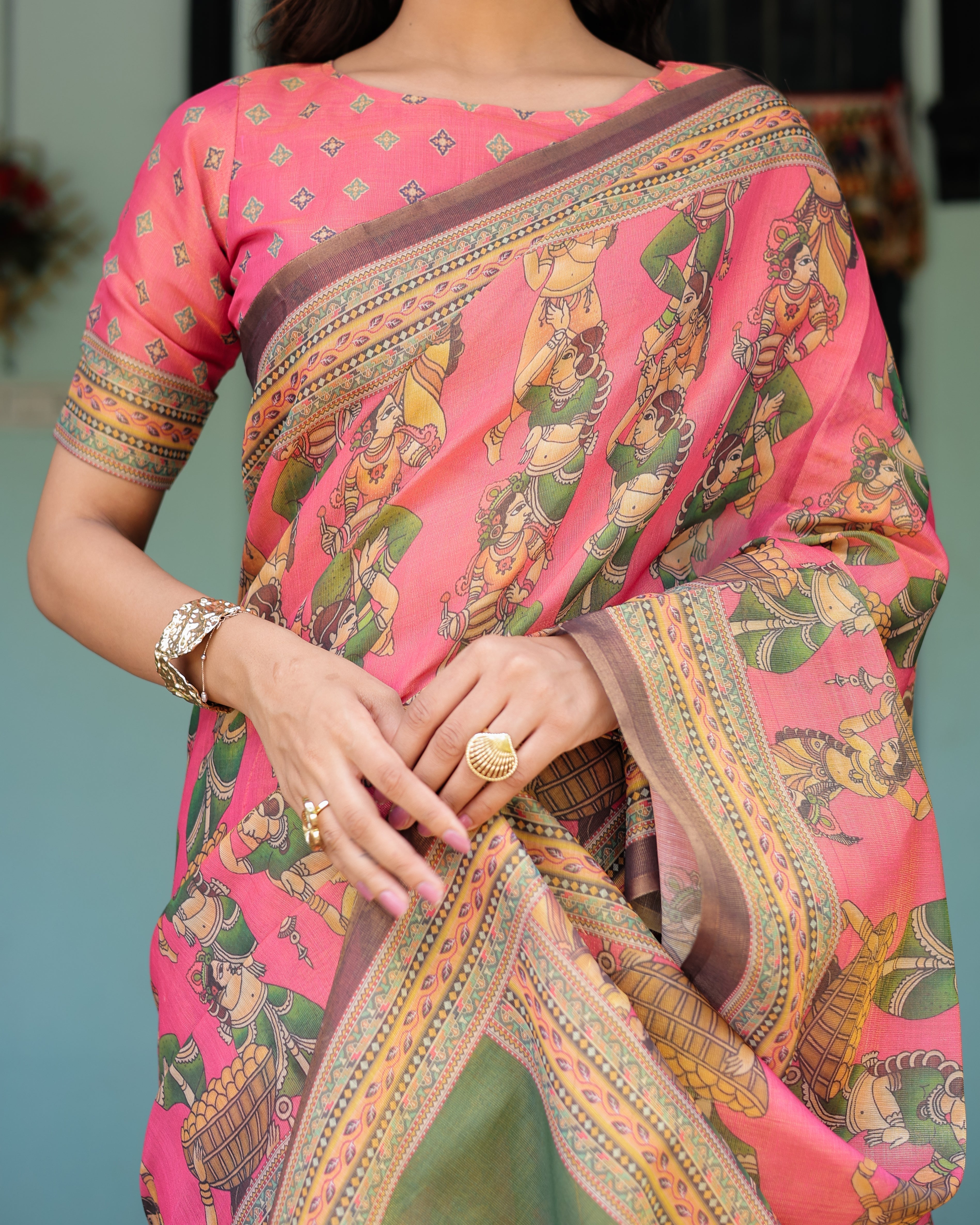 Coral Pink Handloom Cotton Saree with Traditional Folk Procession Print & Classical Dance Pallu