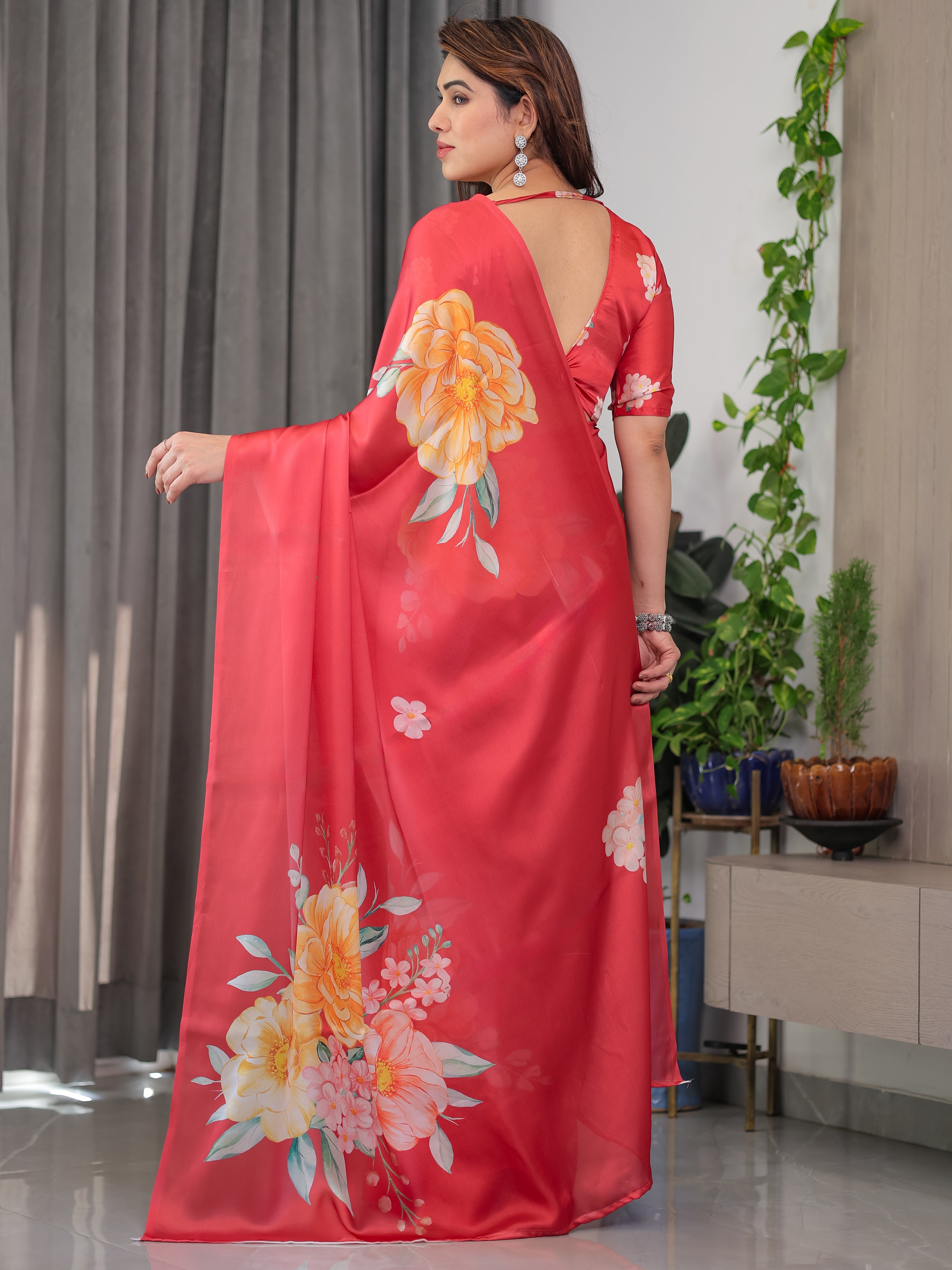 Coral Red Satin Georgette Floral Printed Saree with Attached Blouse – Elegant Designer Saree for Festive & Party Wear