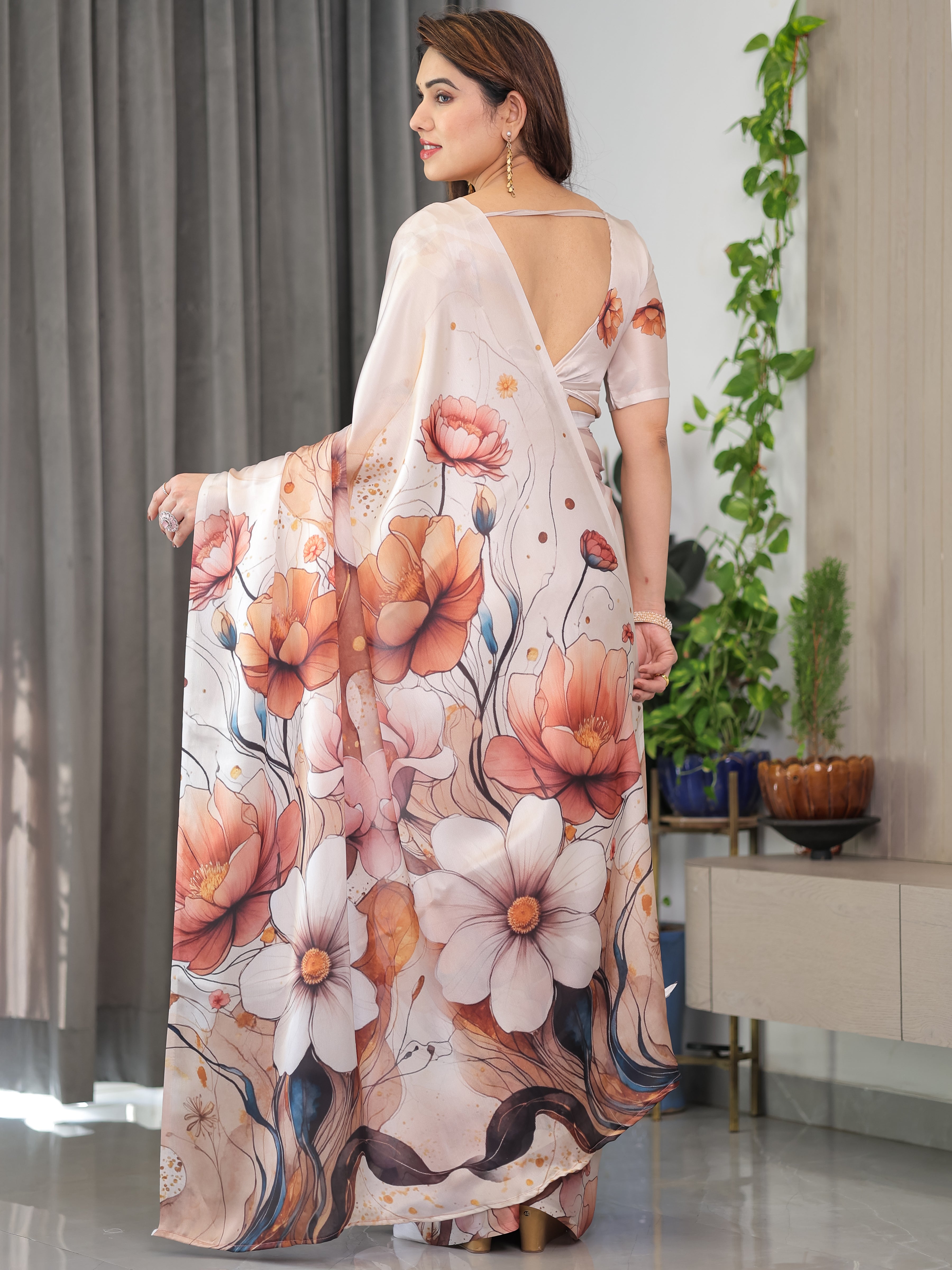Ivory Beige Satin Georgette Abstract Floral Printed Saree with Attached Blouse – Elegant Designer Saree for Festive & Sophisticated Wear