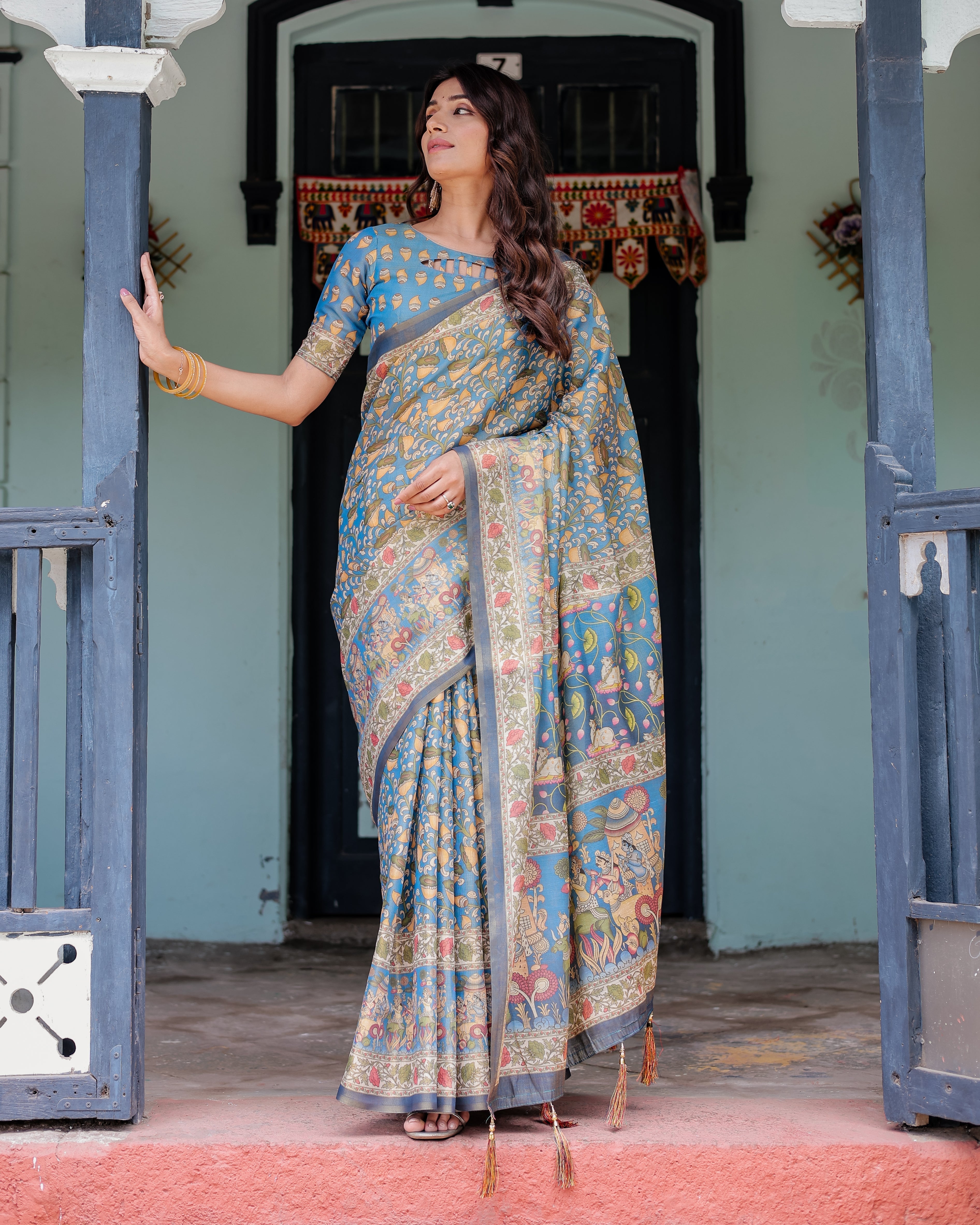 Divine Blue Handloom Cotton Saree with Shankh & Krishna Pallu Motifs – Temple Border & Tassels