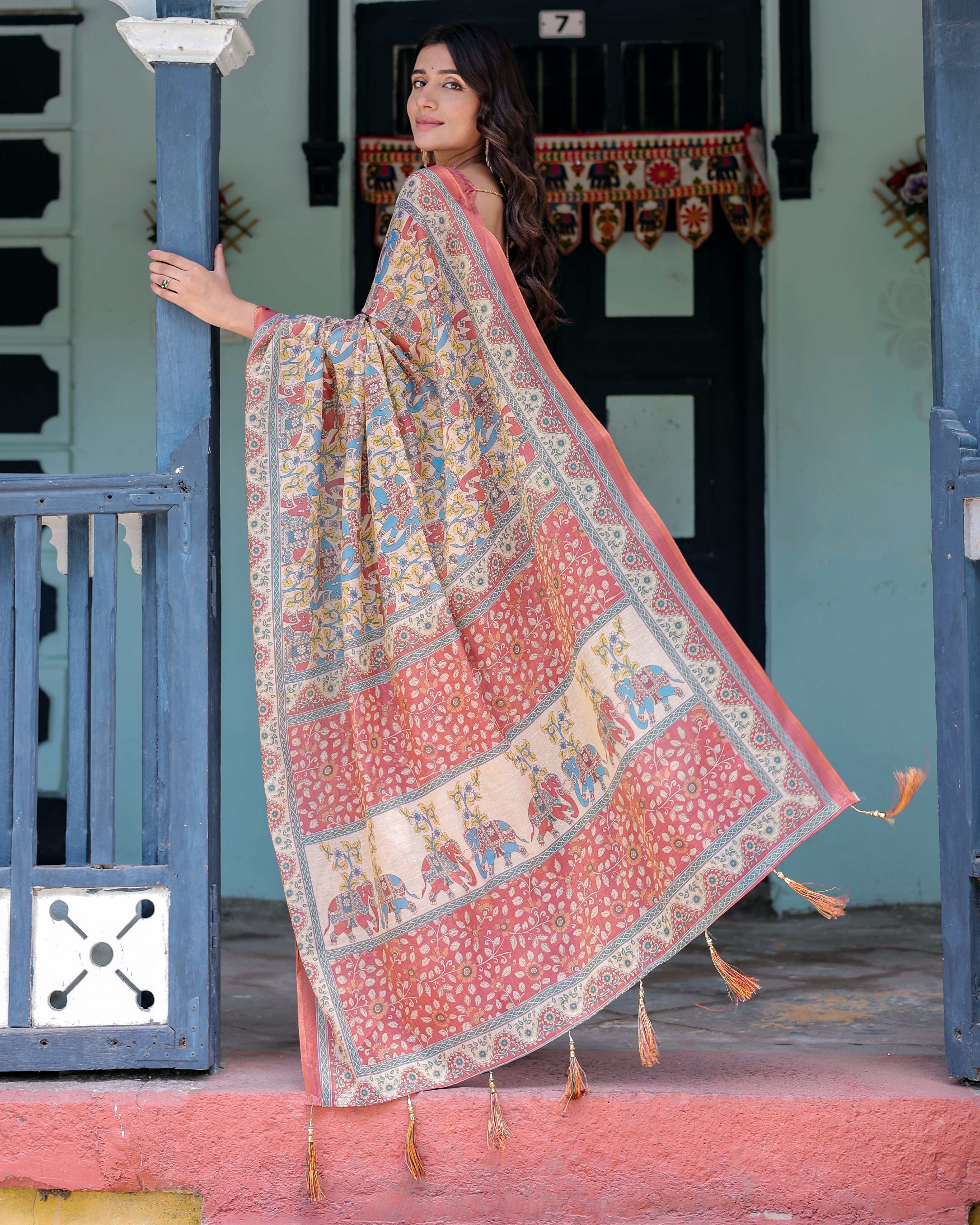 Rust Beige Handloom Cotton Saree with Vibrant Elephant Parade Print & Red Floral Pallu