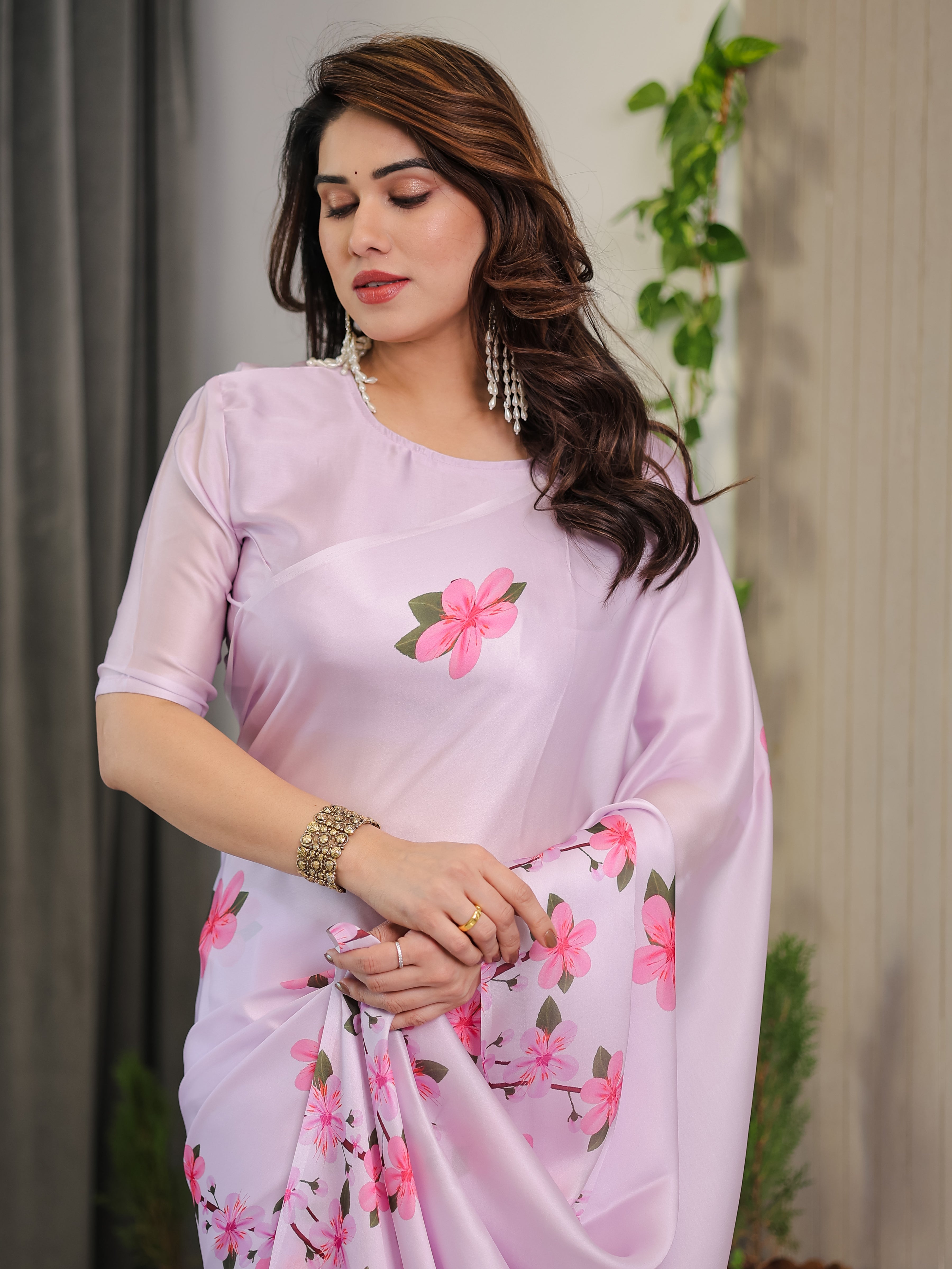 Blush Pink Satin Georgette Floral Printed Saree with Attached Blouse – Soft Cherry Blossom Designer Drape