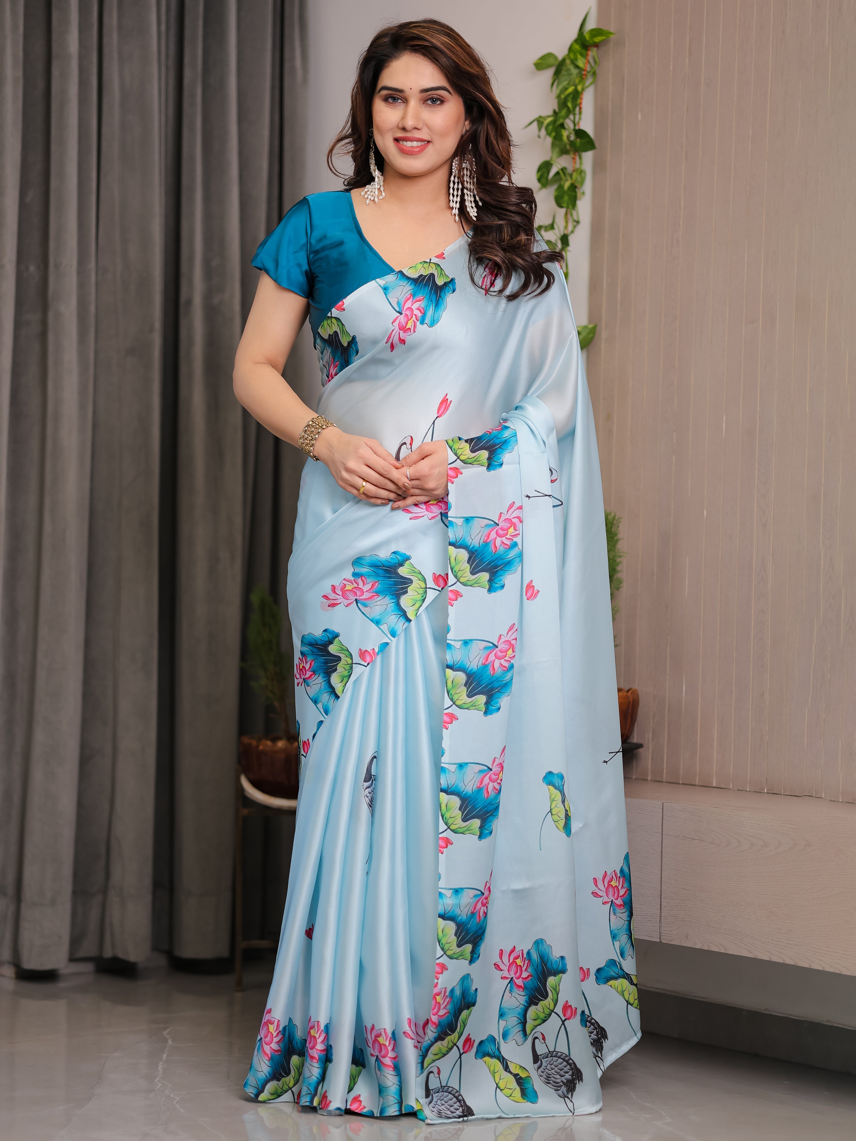 Sky Blue Satin Georgette Lotus & Crane Printed Saree with Attached Blouse – Serene Nature-Inspired Designer Drape